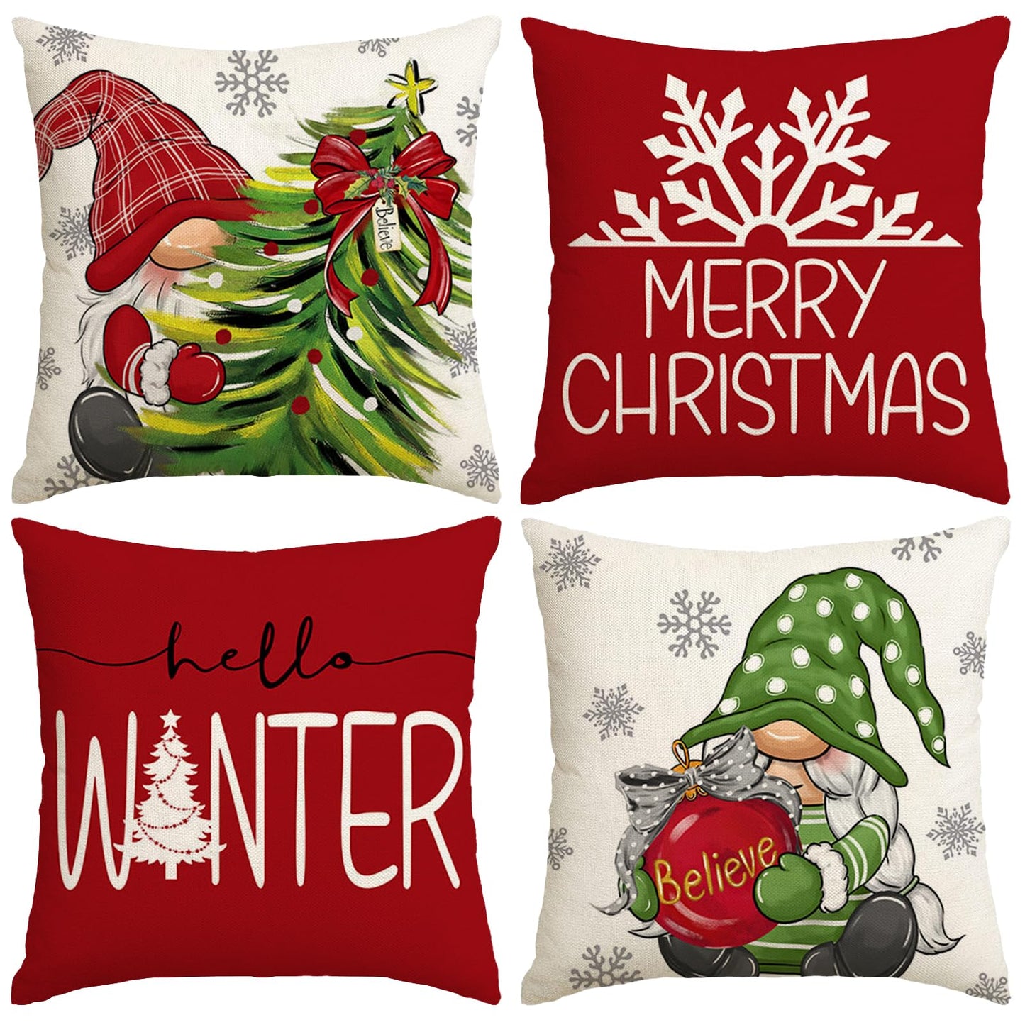 Aursaos Merry Christmas Hello Winter Holiday Pillow Covers 18x18 Set of 4, Red Gnome Green Tree Snowflake Decorative Throw Pillow Case for Couch Sofa Living Room