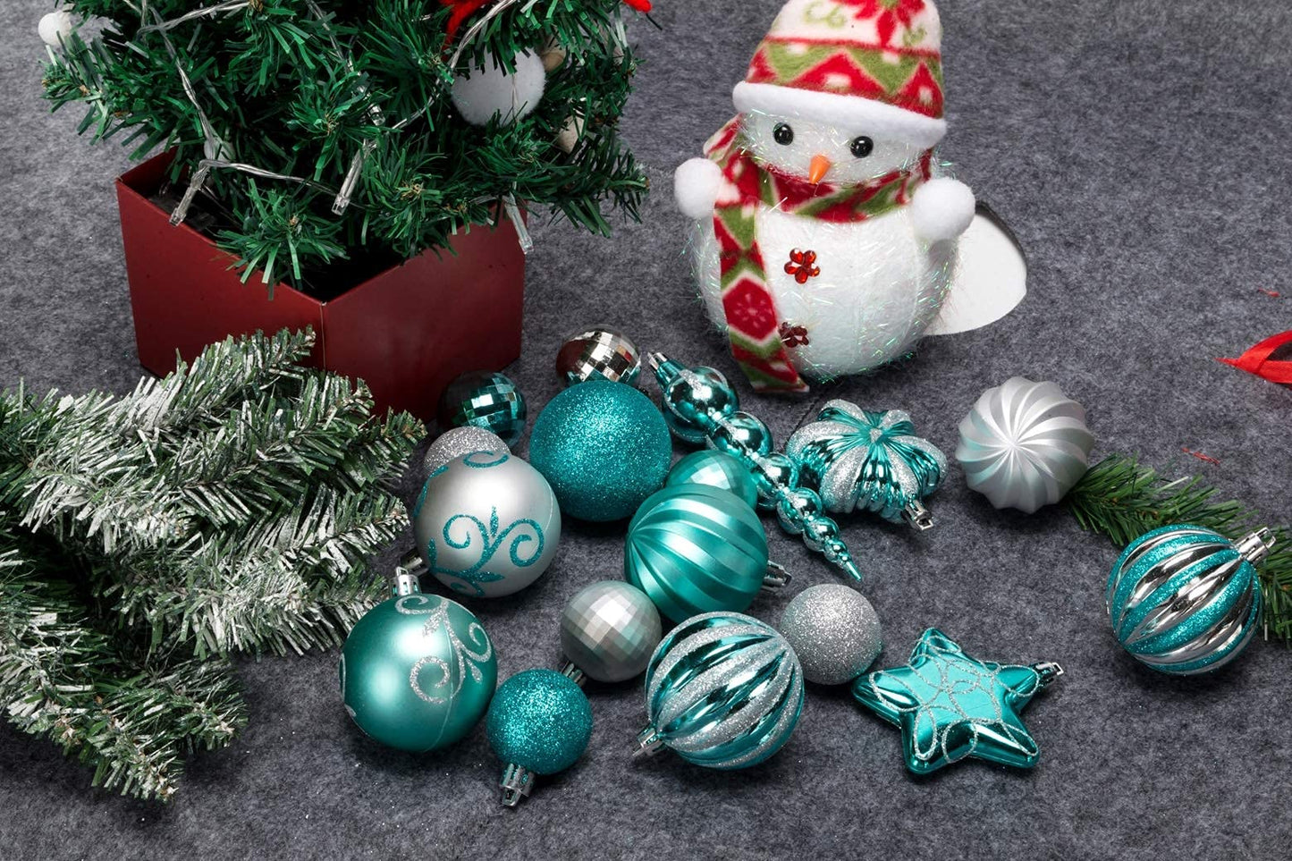 AUXO-FUN 73ct Assorted shatterproof Christmas Ornaments Luxury Collection Set in Reusable Hand-held Gift Package for Christmas Tree Decoration (Turquoise & Silver)