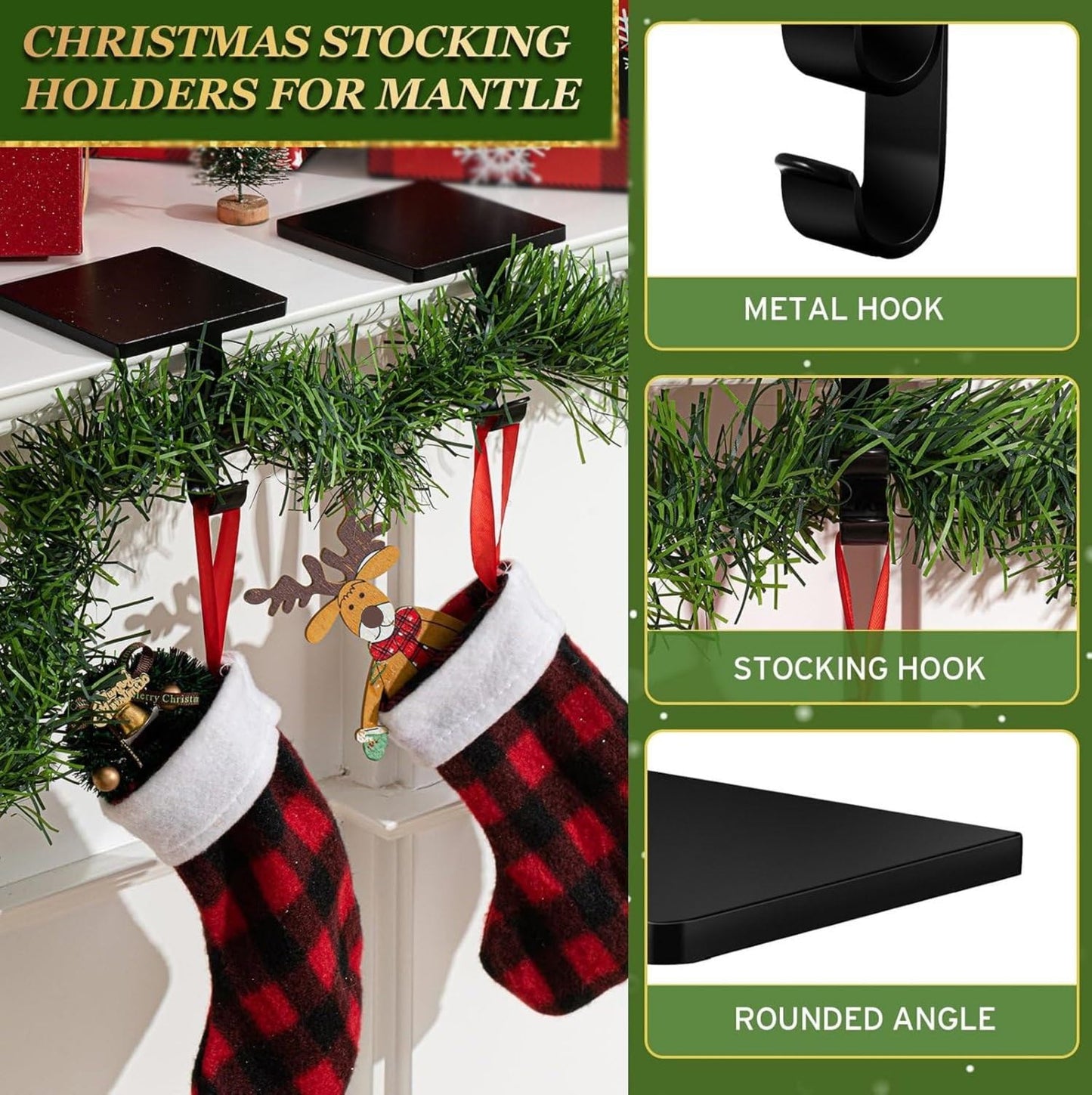 Zhengmy 2 Pcs 2 in 1 Fireplace Stocking and Garland Hangers Heavy Duty Metal Christmas Stocking Holder for Mantle, Two Hooks Hangers for Garland Balls Fireplace Xmas Holiday Party Decoration (Black)