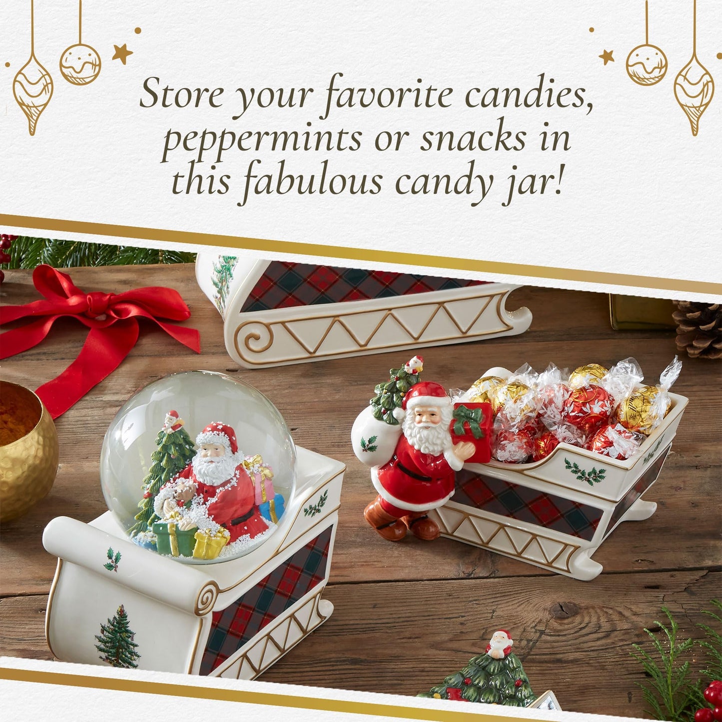 Spode Christmas Tree Santa Sleigh Candy Jar - 8-Inch Christmas Candy Storage Container - Fine Dolomite Figural Santa Sleigh Snack Jar for Holiday Decor, Dessert Tables, Gift Displays