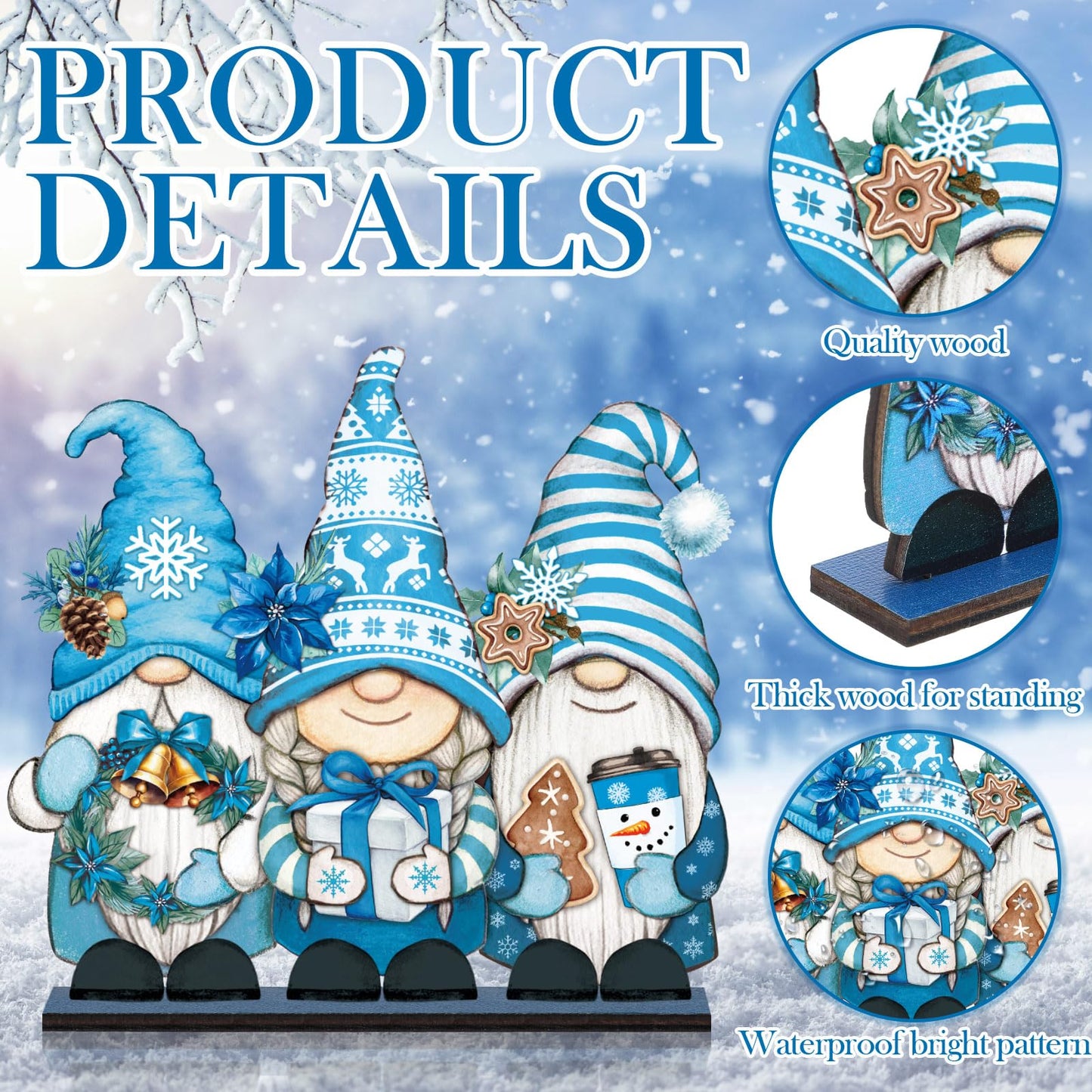 Wenqik 6 Pcs Winter Wooden Table Decorations Blue Wood Tabletop Sign Centerpiece Rustic Winter Snowflake Snowman Gnomes Decorations for Office Desk Farmhouse Home Kitchen Shelves Decorative