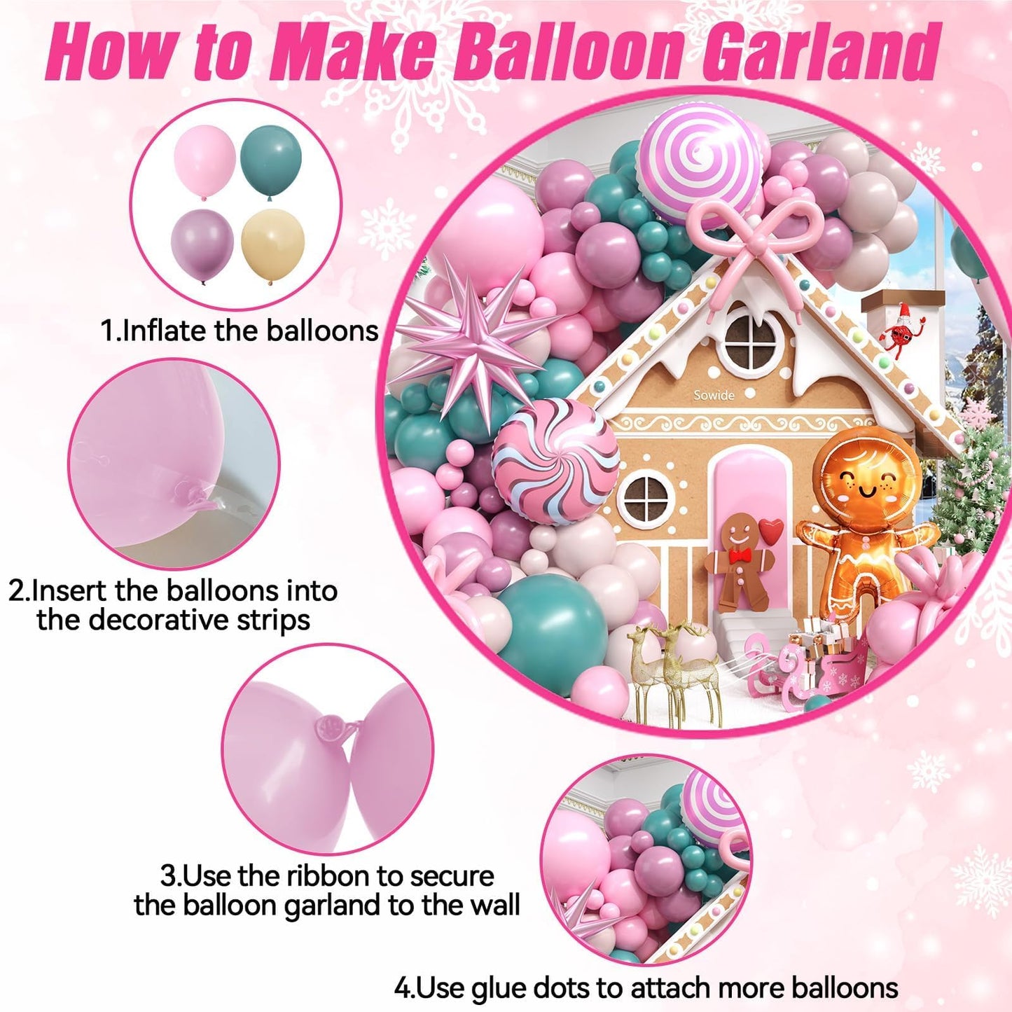 Christmas Balloon Arch Kit, Sage Green Nude Pink Purple Balloons with Lollipop Candy Gingerbread Man Star Foil Balloons for Xmas Holiday Winter Birthday New Year Party Decorations