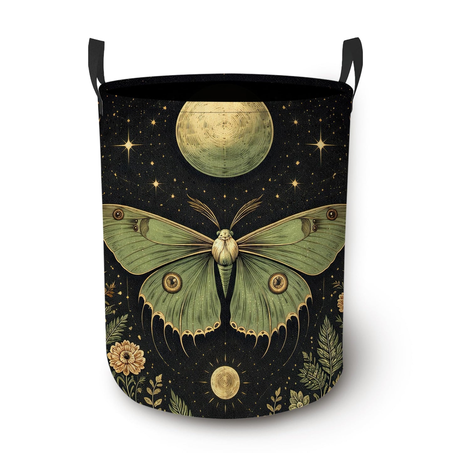 Boho Moon Moth Laundry Basket, Foldable Oxford Cloth Floral Crescent Laundry Hamper with Handles, Tote Bag Clothes Storage Bucket for Laundry Room/Bathroom/Bedroom/Dormitories 20.8"x16"