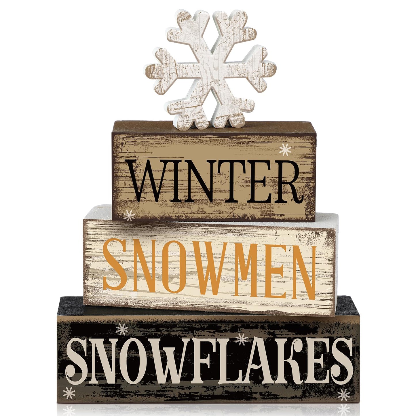 Moucuny 4 Pcs Winter Table Decorations Wooden Snowflake Decor Christmas Tiered Tray Decor Rustic Snow Block Signs Gift Farmhouse Christmas Centerpiece for Winter Wonderland Party Kitchen Shelf Home