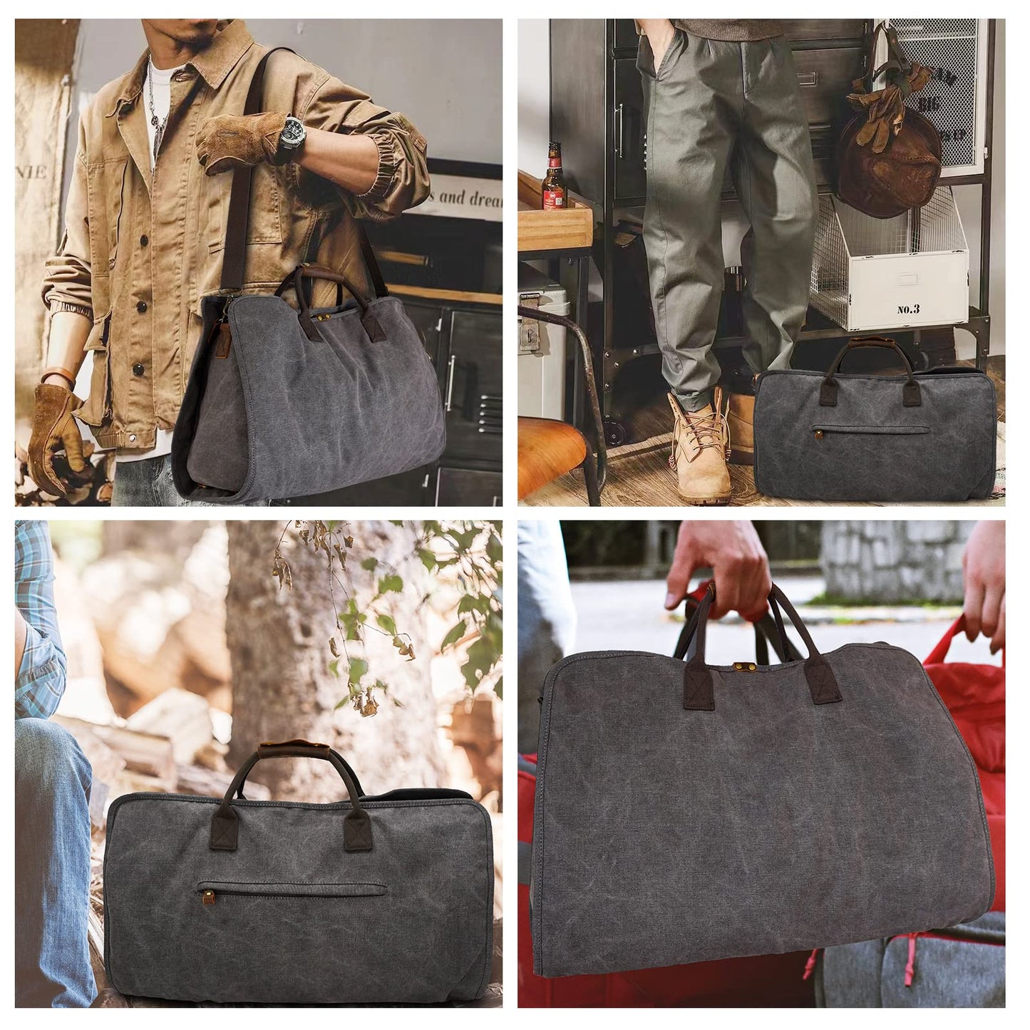 2 in 1 Suit Garment Duffle Convertible Carry-on Bag With Canvas Leather Shoulder Strap for Travel, Business Trips, Storage - Hangding Suit, Clothes, Dresses, Shoes (Gray)