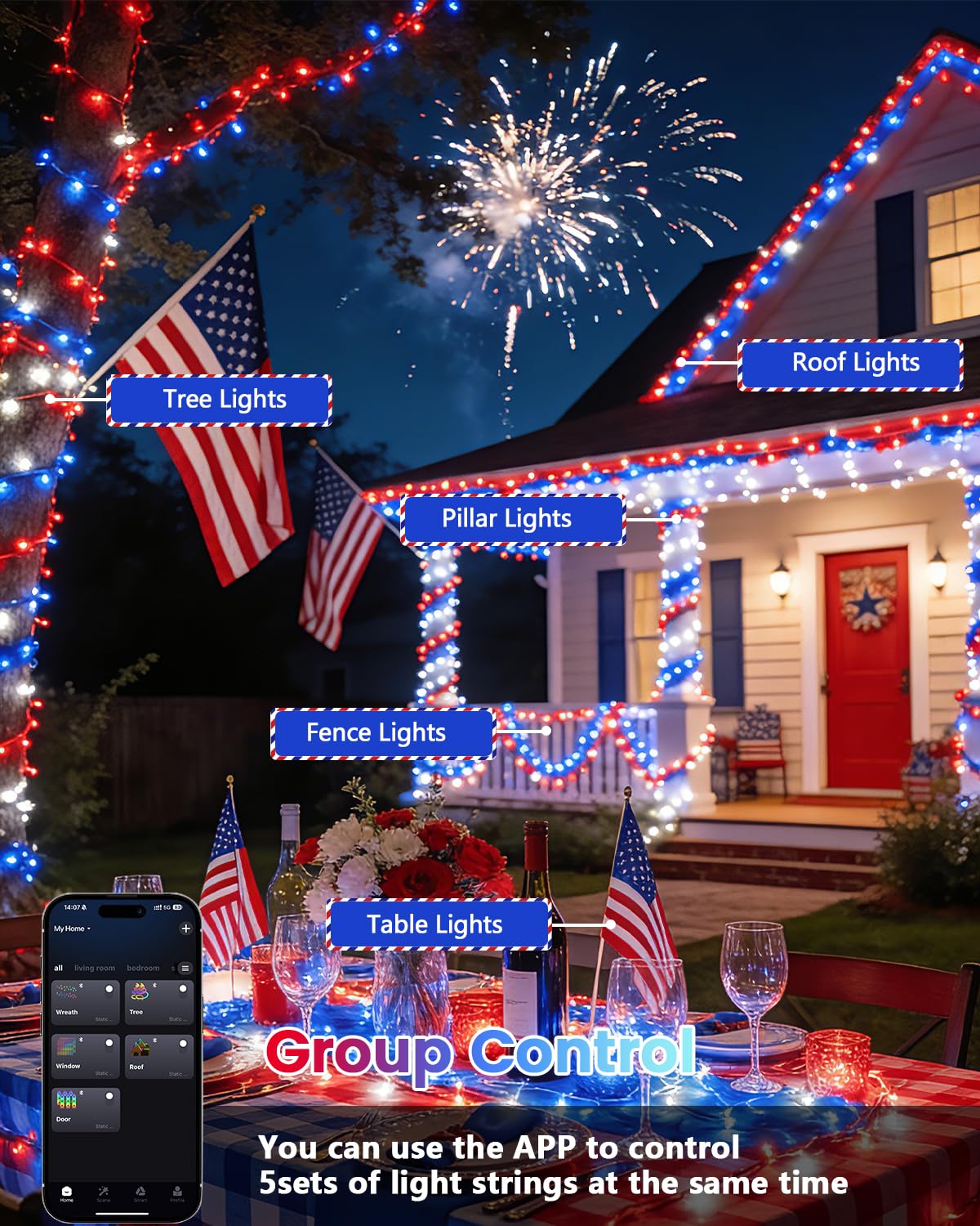 300LED Smart 4th of July String Lights | 107FT App Controlled Red White and Blue American Flag Lights, Waterproof Patriotic RGB Color Changing String Lights with Remote & Timer Outdoor for Memory Day