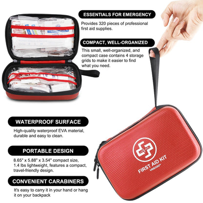 VRIEXSD Premium First Aid Kit, 320 Piece Waterproof Hard Shell Eva First Aid Kit for Home, Camping, Cars, Hiking, Travel, Businesses & Outdoor Emergencies - Emergency Medical Kits (Red)