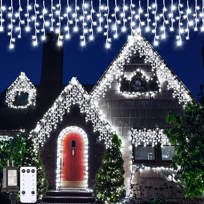 132Ft 1280 LED Christmas Icicle Lights Extra Long 8 Modes Waterproof Icicle String Lights with 240 Drops, Fairy Hanging Lights Decor with Remote for Xmas Wedding Indoor Outdoor(Cold White)