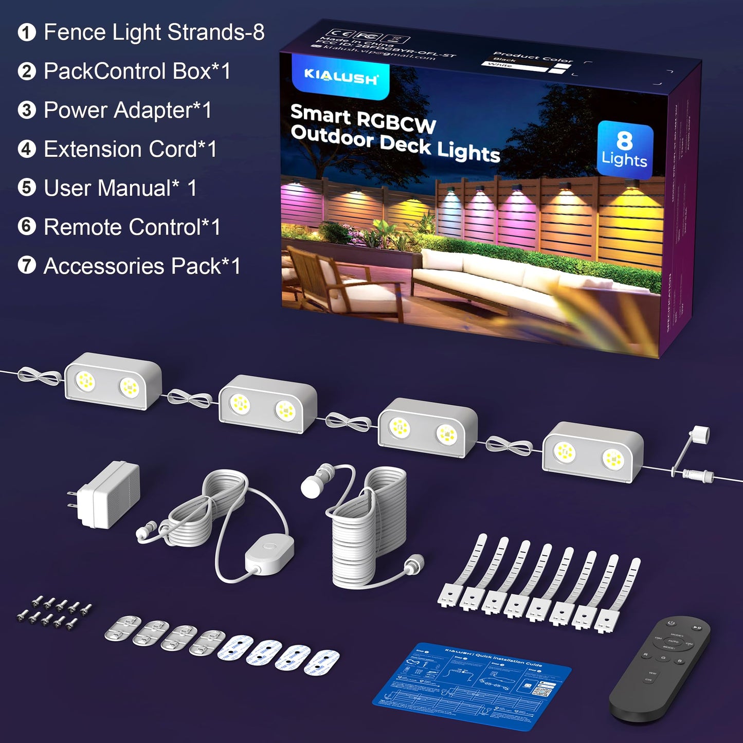 KIALUSH Outdoor Deck Lights, 8 Lights Smart Fence Lights Compatible with Alexa & Google Home, IP65 LED Patio Deck Lighting with Remote, Fence Lighting Music Sync for Patio Yard Garden(52.4ft)