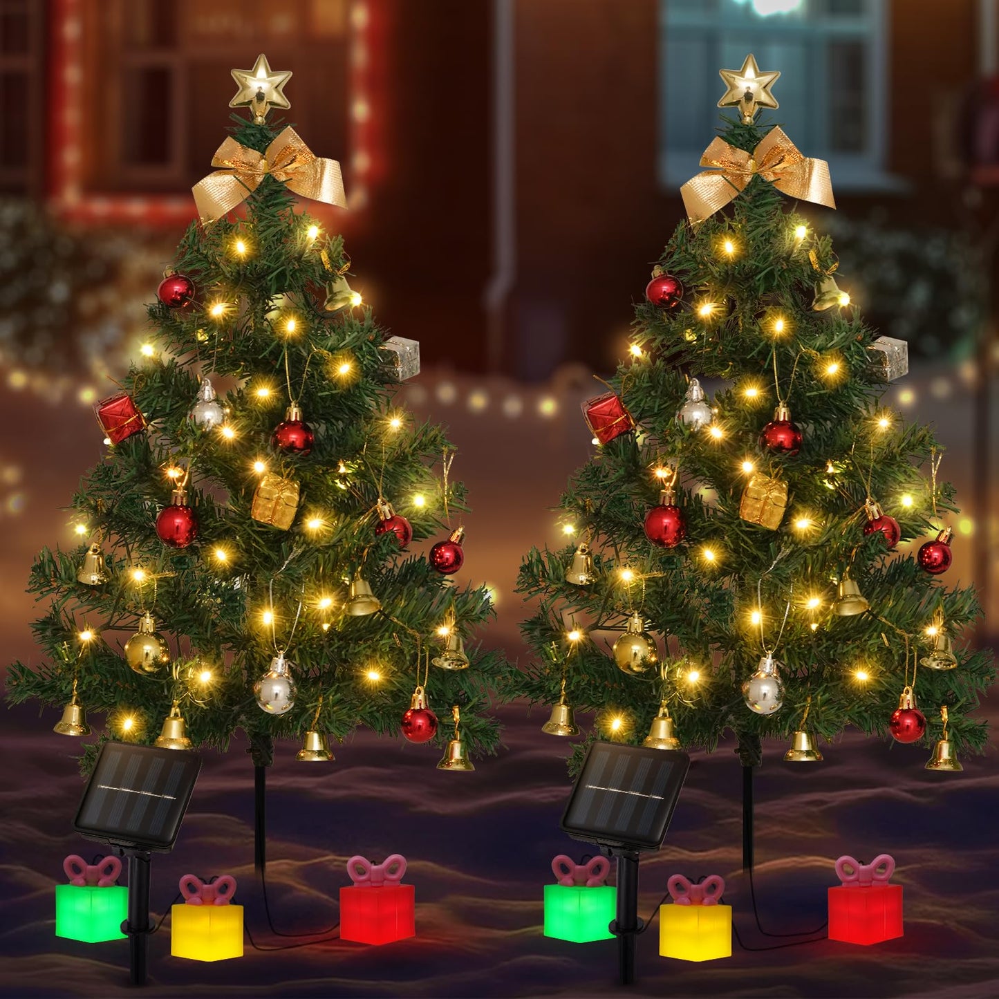 2 Pack Solar Mini Christmas Tree Decorations Lights, 30 Inch 8 Flashing Modes Waterproof Xmas Decor, 60 LED Lights with Ornaments 6 Gift Boxes for Yard Garden (2 Pack, Warm White Green Tree)