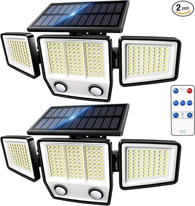 Solar Motion Sensor Outdoor Lights Waterproof - 3000LM 3 Modes Security Lights Outdoor 270° Illumination IP65 LED Solar Flood Wall Light for Garden Yard Patio Pathway (With ‎Remote Control, 2)