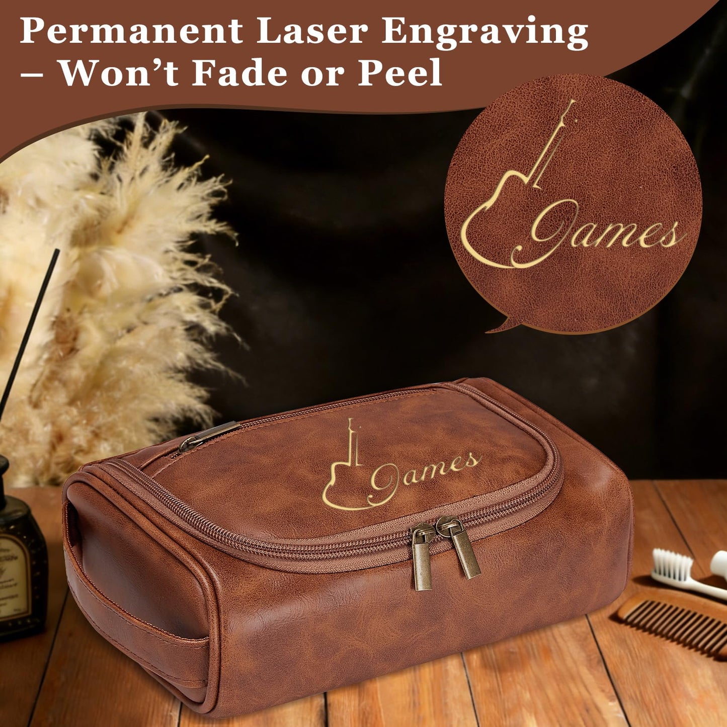 Aganmi Personalized Gifts for Men Toiletry Bag, Custom Waterproof Travel Toiletry Bag with Laser Engraved Name, PU Leather Dopp Kit for Groomsmen Fathers Day Birthday Gifts Reddish Brown