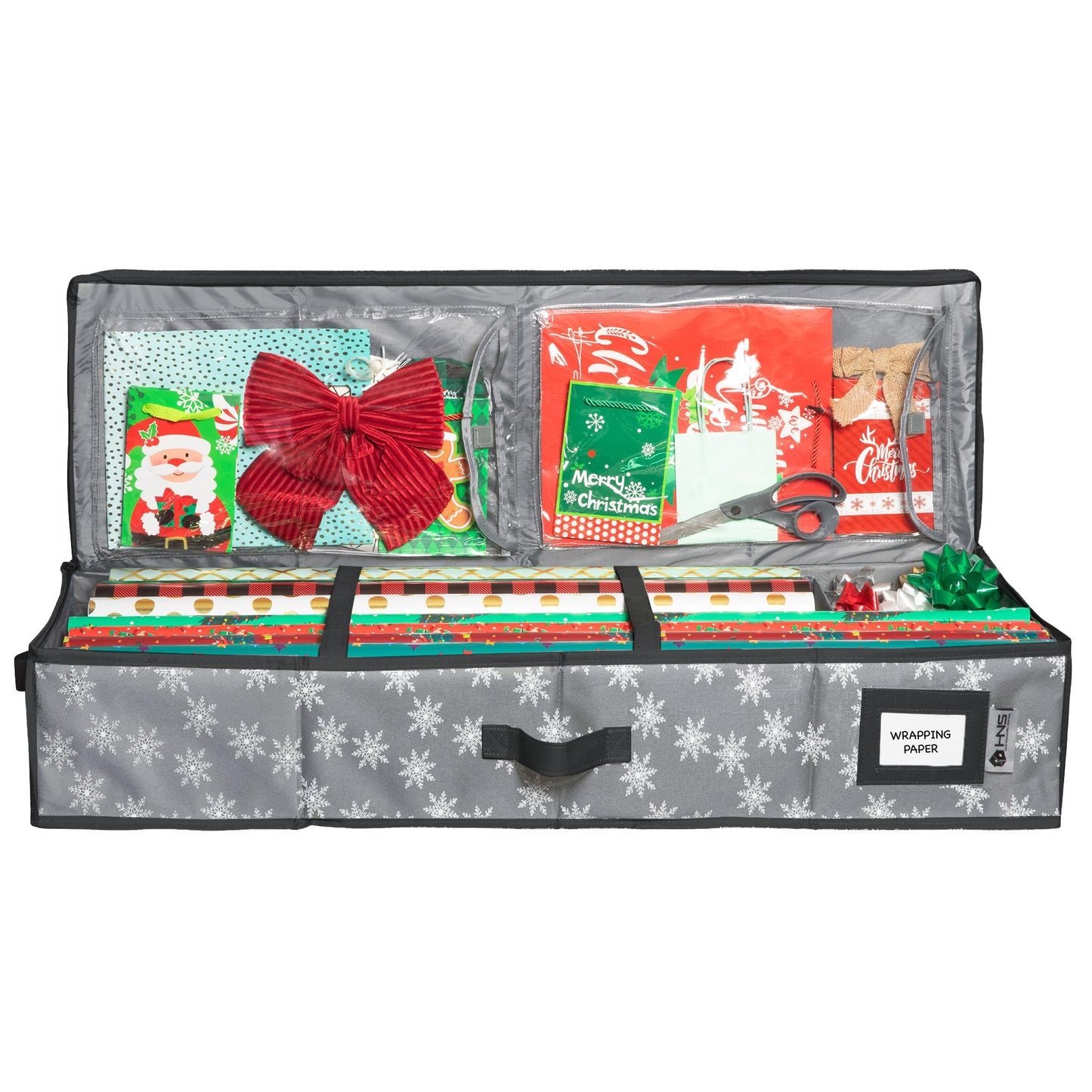HOLDN’ STORAGE Premium Wrapping Paper Storage Container - Durable 600D Tear-Proof, Fits 27 Rolls Gift Wrap, Extra Pockets for Ribbons & Bows, Underbed Storage - Ideal for Holiday Christmas, Grey/White Snowflakes
