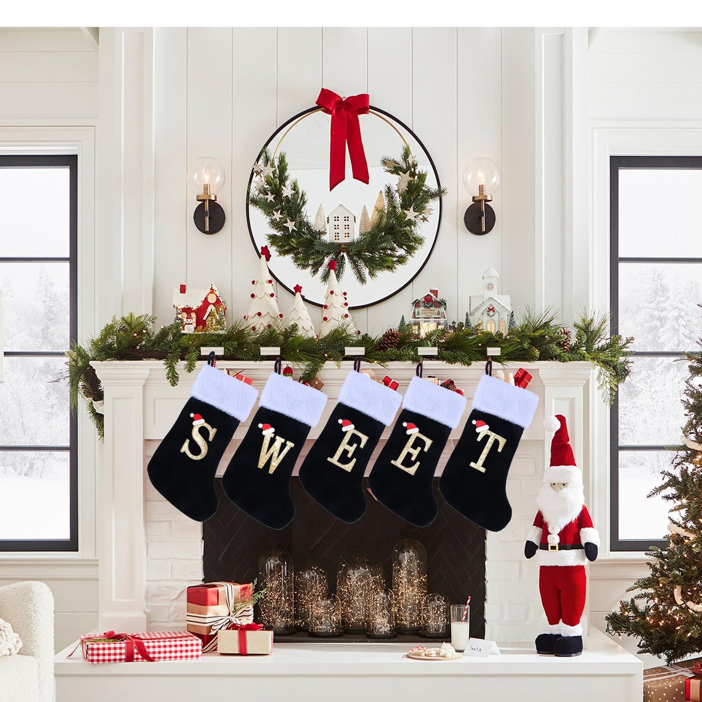 20 Inches Monogram Christmas Stockings with Letters, Large Super Soft Christmas Stockings Black Velvet with White Super Soft Plush Cuff for Xmas Tree Holiday Fireplace Gold Letter R