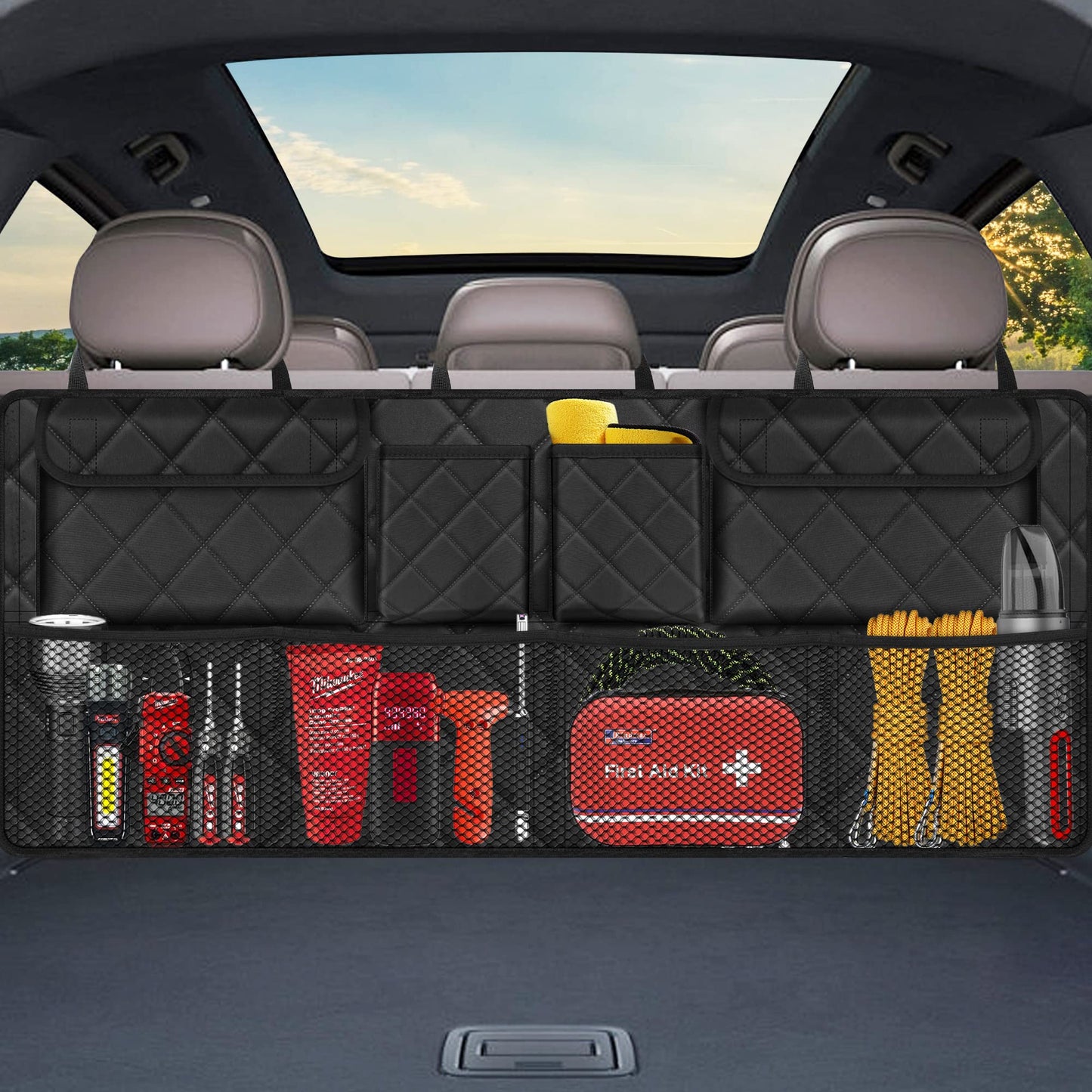Femuar Car Trunk Organizer, Large Capacity Backseat Trunk Organizer (42"*18"), Collapsible Car Storage Bag with 8 Pockets, SUV/MPV/Truck - Black