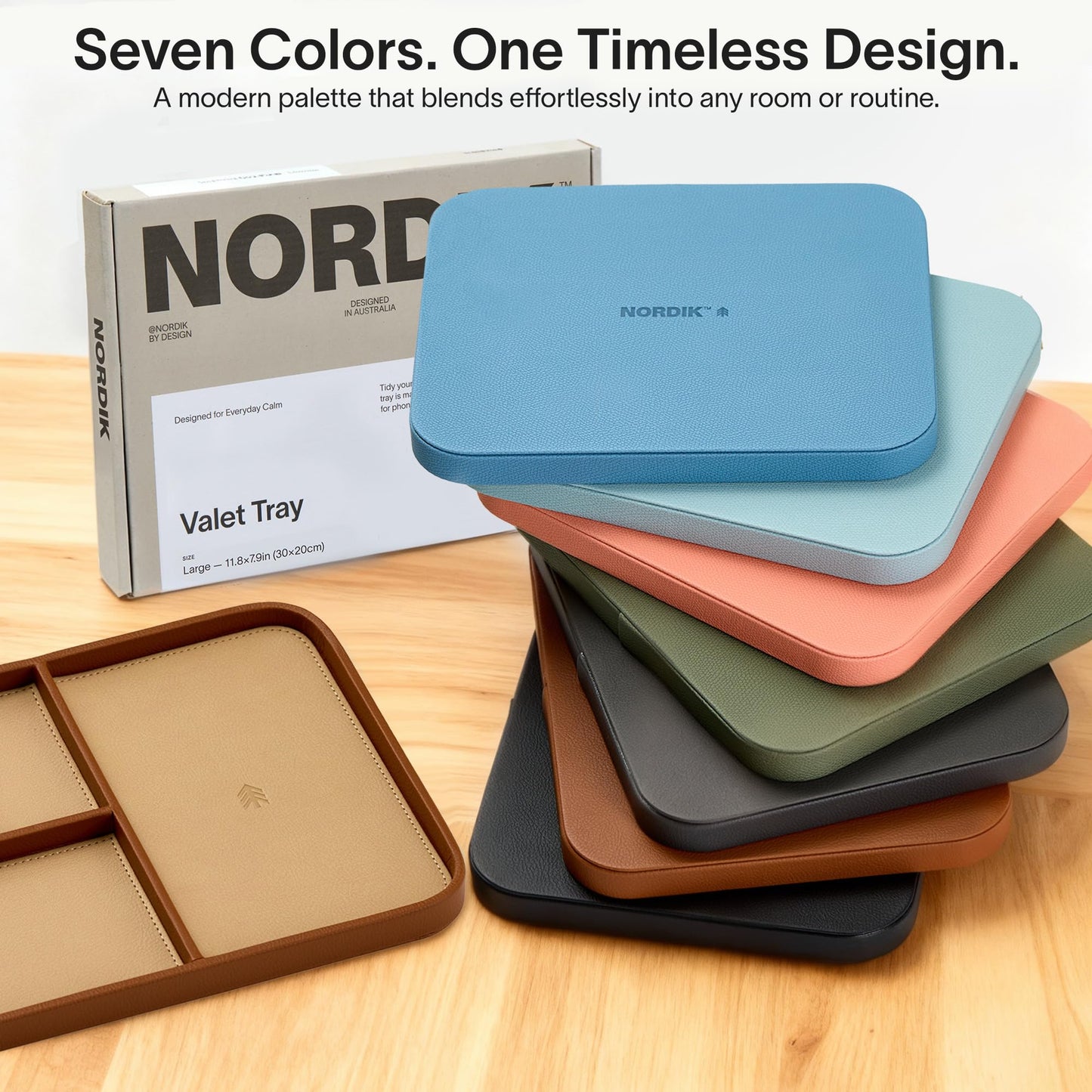Nordik Leather Valet Tray - Sand Brown - 11.8x7.9 Inch Large Vegan Leather Tray - Stylish Nightstand Organizer for Men - Modern Bedside Caddy - EDC Catchall for Key Watch Wallet Jewellery