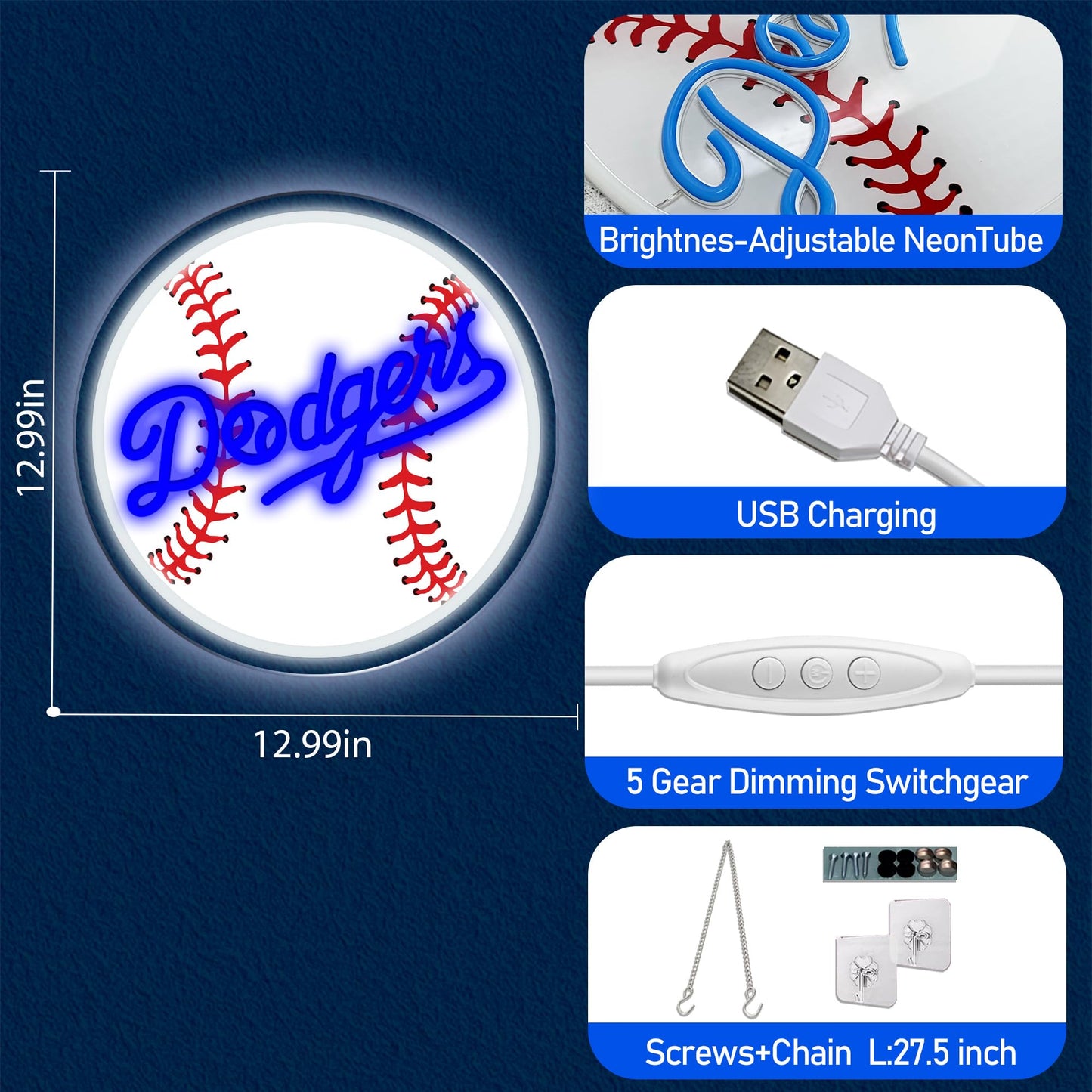 LA Baseball Neon Sign, Los Angeles Cool Light Up Dimmable LA Baseball Team Logo Hanging Led Neon Sign for Wall Decor, Bedroom, Party, Man Cave, Garage, Birthday Christmas Gift for Baseball Fans (B-LA)