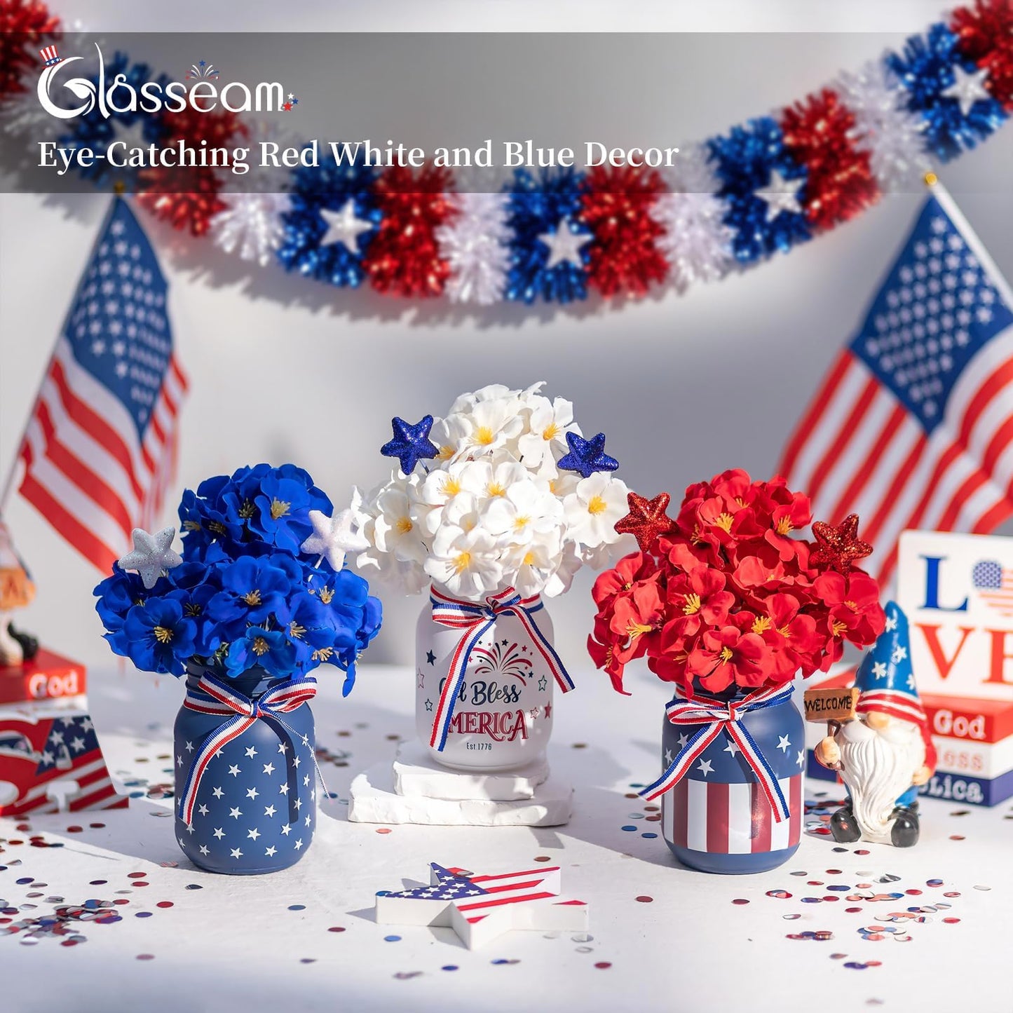 Glasseam 4th of July Vase Set: 3Pcs Patriotic Glass Mason Jars with Red White and Blue Artificial Geranium Star Ribbons - Independence Day USA 250 Anniversary Memorial Table Centerpiece Home Decor