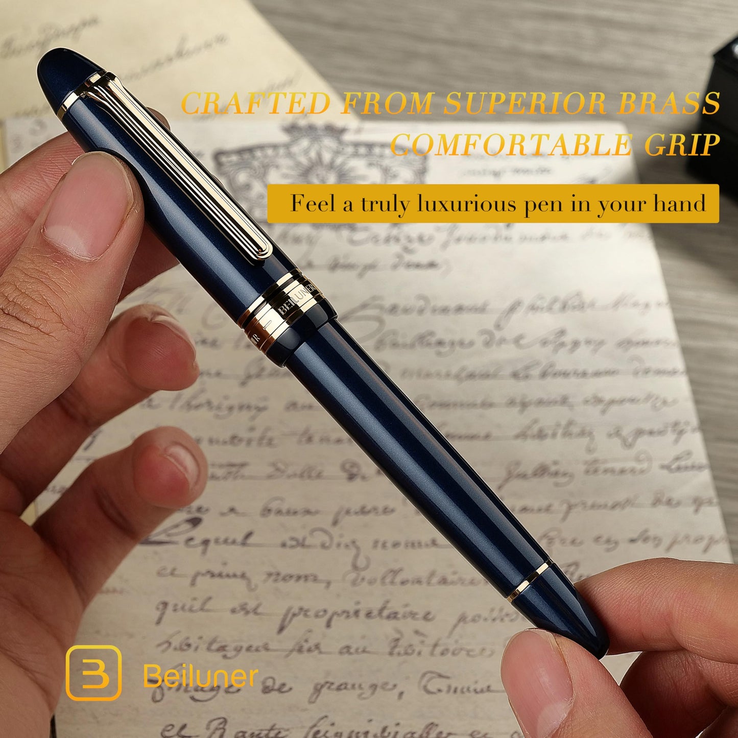 BEILUNER 319 Piano Blue Lacquer Rollerball - Stunning Luxury Pen with 24K Gold, Heavy, Schneider Black Ink Refill, Best Gift Set for Men & Women, Professional, Executive Office, Fancy Classic Pens