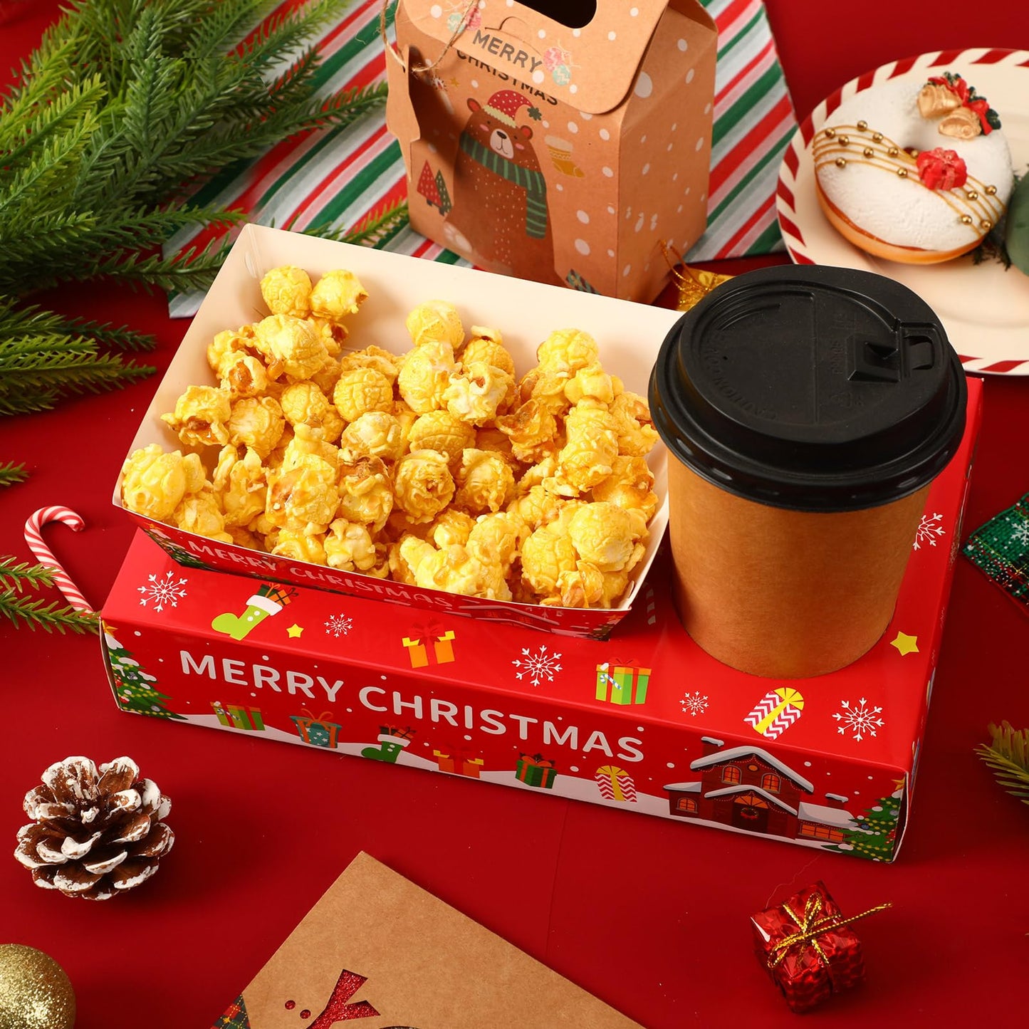 Jansun 36Pcs Christmas Movie Night Snack Trays Candy Popcorn French Fries Snack Trays Christmas Movie Boxes for Snacks Tray Xmas Party Supplies