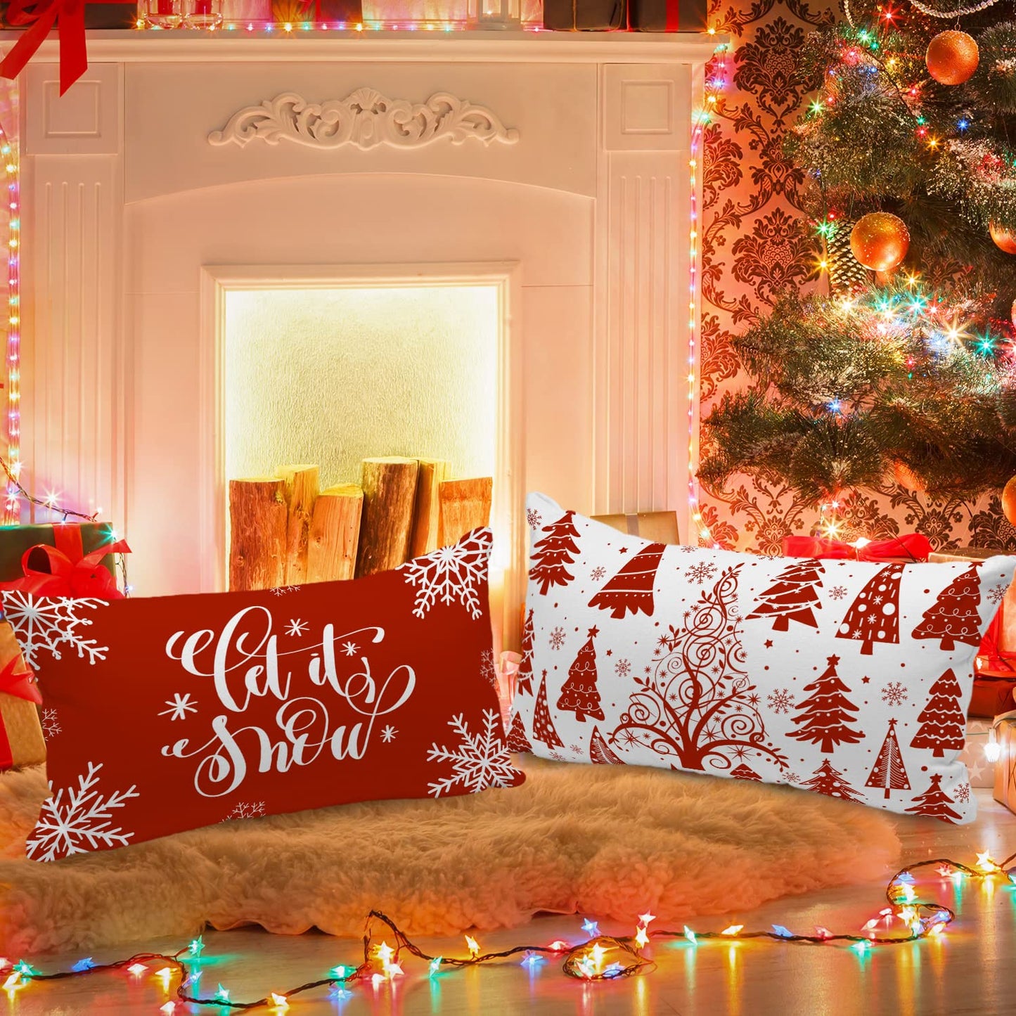 Lanpn Christmas Lumbar Throw Pillow Covers 12x24 Set of 4, Merry Christmas Winter Xmas Snowflake Decorative Holiday Cushion Pillow Cases 12 x 24 for Indoor Farmhouse Home Room Couch Decor (Red)