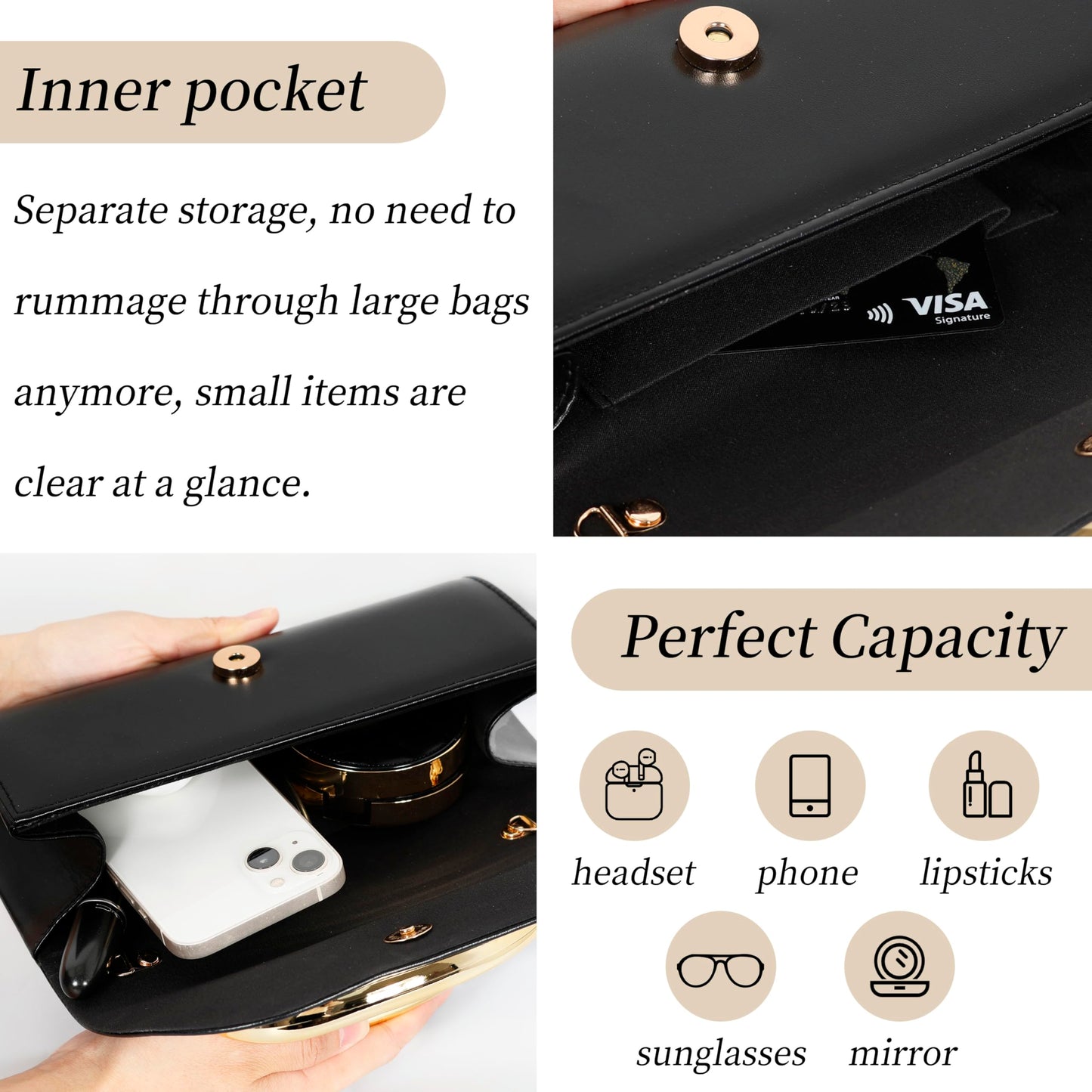Popizard Clutch Purses for Women - Black Evening Bag with Chain Elegant Dressy Formal Handbag Metal Handle Purse