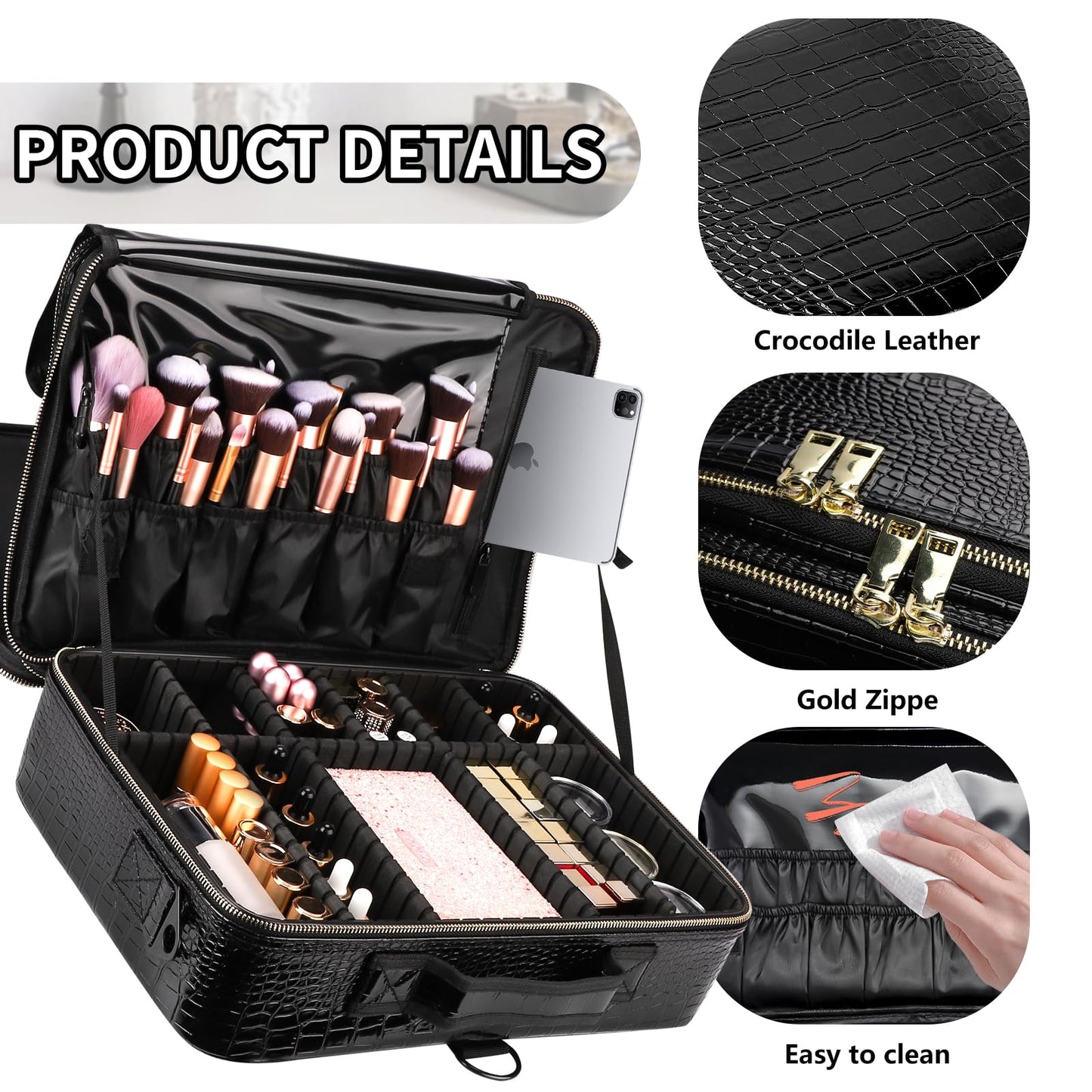 gzcz Large Capacity Travel Makeup Case Organizer,Professional Cosmetic Bags for Women,Waterproof PU Leather Makeup Bag with Adjustable Dividers and Shoulder Strap for Brushes and Jewelry
