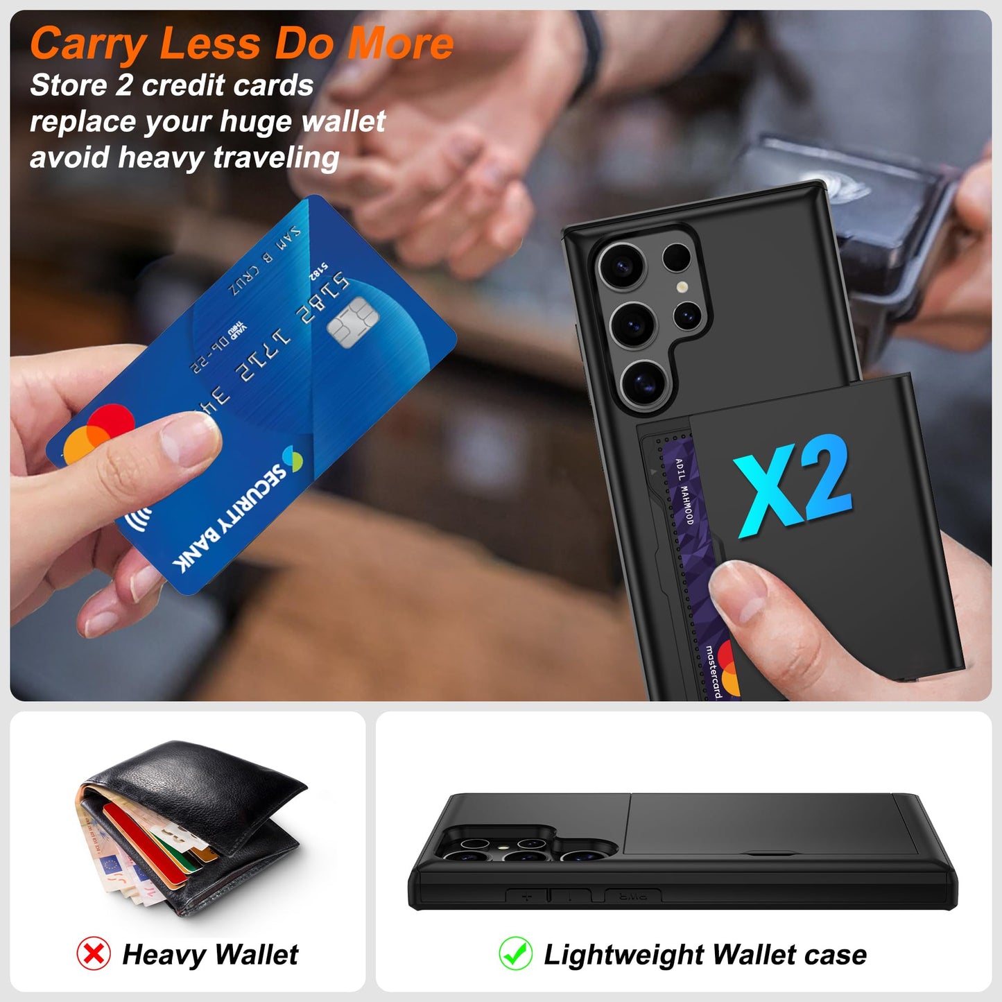 for Samsung Galaxy S24 Ultra with Card Holder, Dual-Layer Design & 2 HD Screen Protectors, Hidden Card Slot Wallet Case for Samsung S24 Ultra-Black