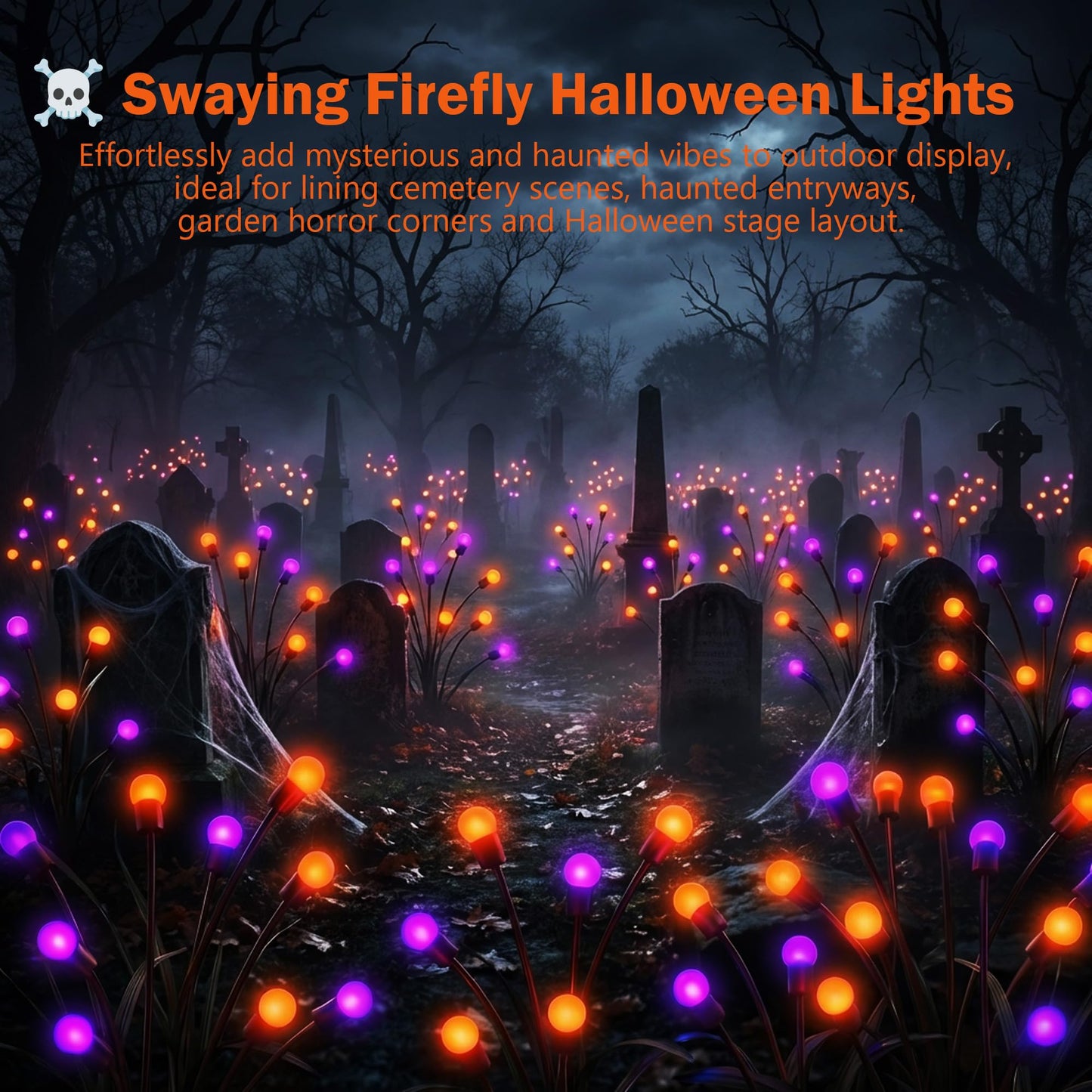 Sukesou Halloween Firefly Solar Lights, 2 Pack 6 LED Orange Purple Swaying Pathway Lights, IP65 Waterproof Auto Dusk to Dawn Outdoor Landscape Lights for Yard Patio Lawn Party Decor