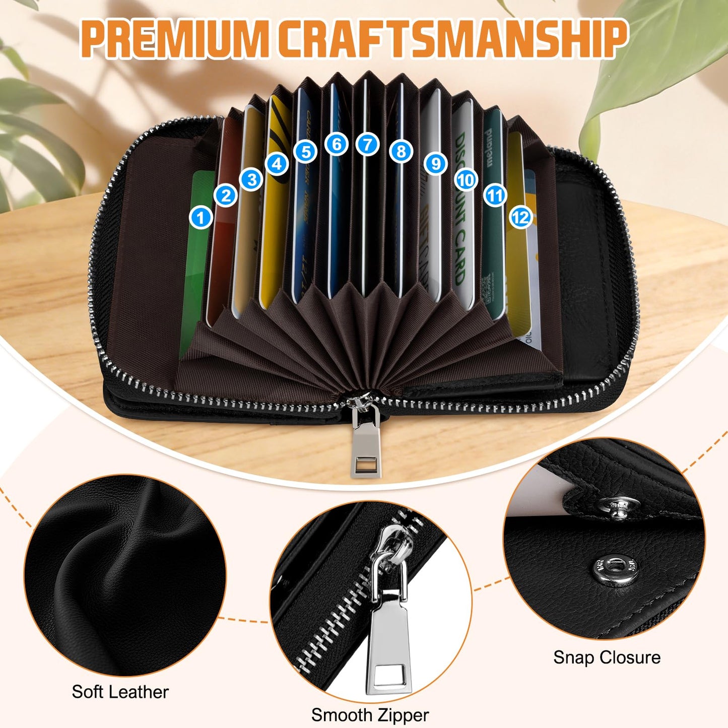 HUANLANG Credit Card Wallet for Women Men Leather Accordion Wallet, RFID Blocking Zipper Card Case Holder with Coin Pocket