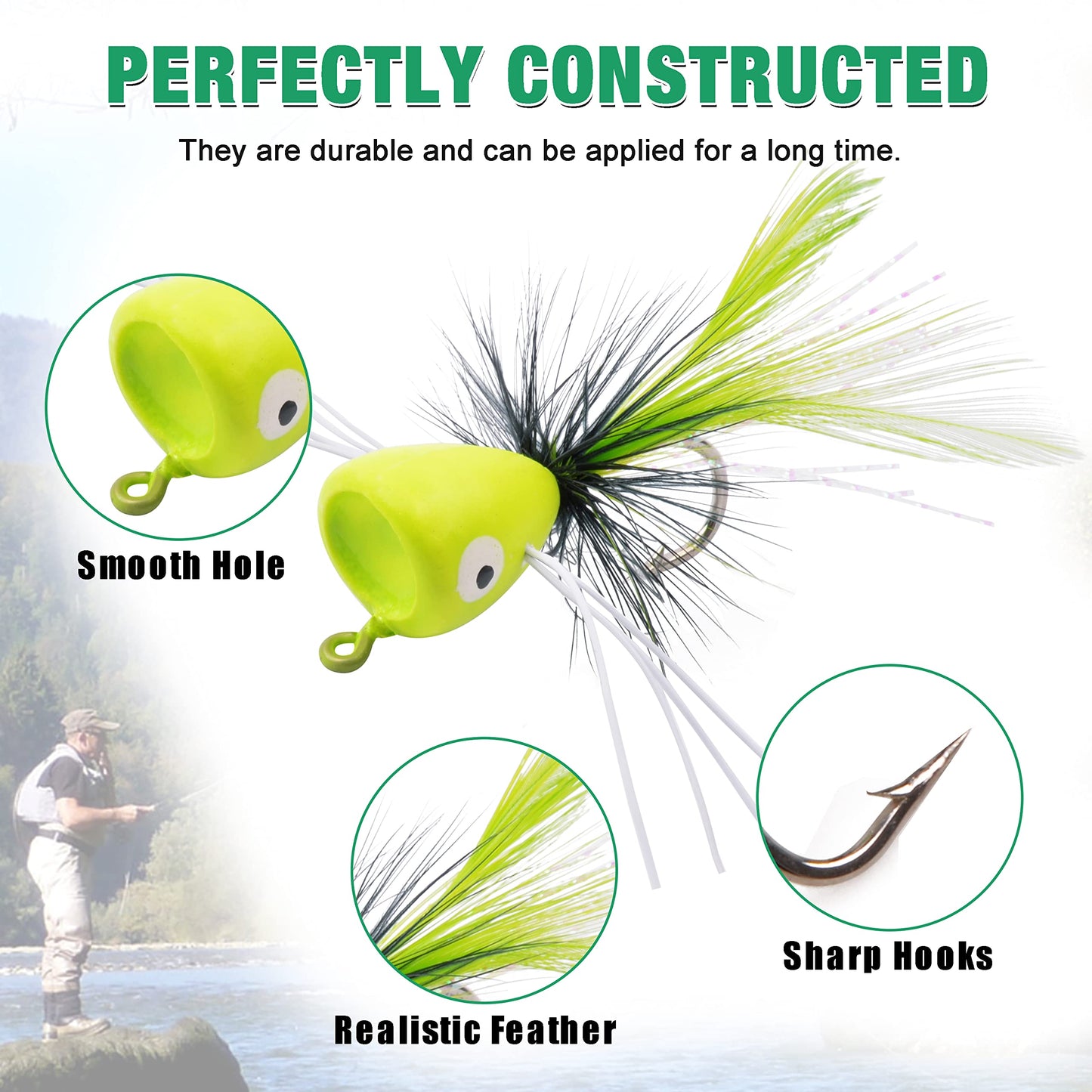Fly Fishing Popper Lures Kit,Bass Poppers Flies Dry Fly Fishing Flies Panfish Bluegill Popper Bait Bug with Hooks for Freshwater