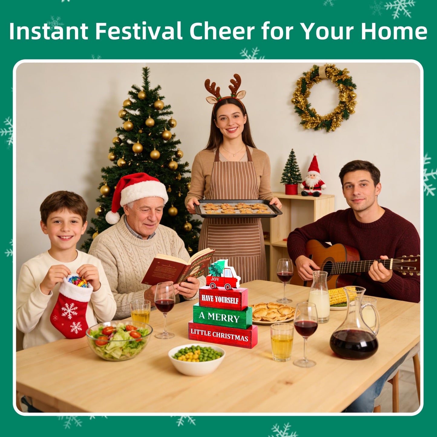 4 Pcs Christmas Wooden Tiered Tray Decor, Merry Christmas Decorations Gifts for Home, Winter Table Centerpiece for Xmas Party Kitchen Office