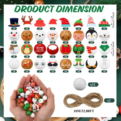 Geelin 300 Pcs Christmas Wood Beads with Twine - Santa Gingerbread Snowman Winter Animals Wooden Round Bead for Hanging Ornaments DIY Crafts Garland Holiday Tree Decor(Classic Christmas)