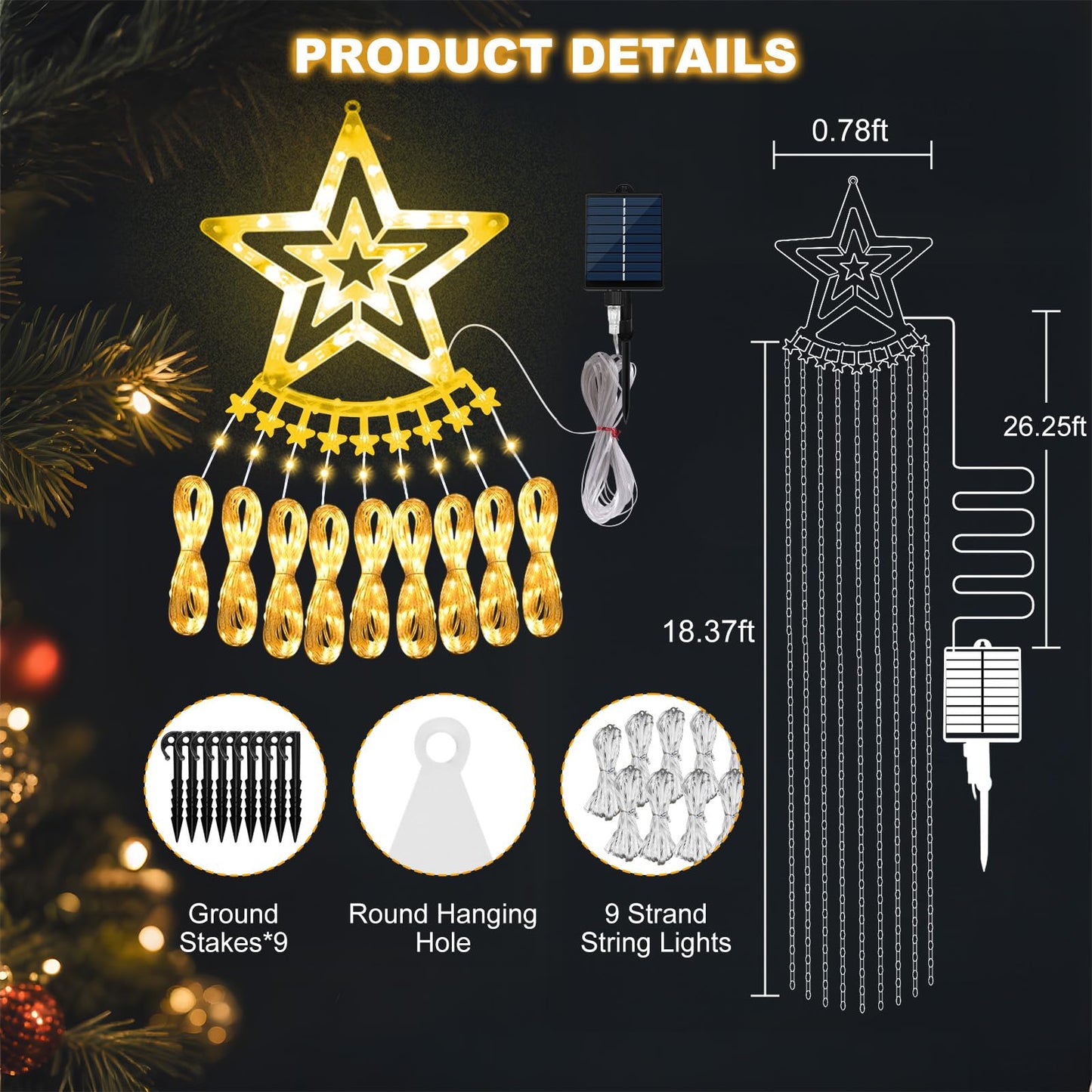 Solar Christmas Decorations Tree Lights Outdoor, 18.37ft 532LED Waterfall String Lights with 8 Modes Timer Remote Xmas Lights USB Powered for Garden Yard Patio Home Holiday Party Decor, Warm White
