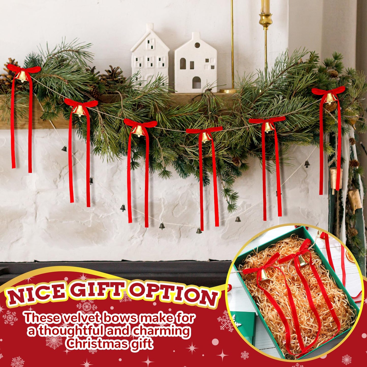 Suncalla 10 Feet Christmas Velvet Bow Garland with Jingle Bell Red Ribbon Bow Jingle Bell Banner Velvet Christmas Ornaments for Xmas Tree Fireplace Staircase Indoor Outdoor Decoration
