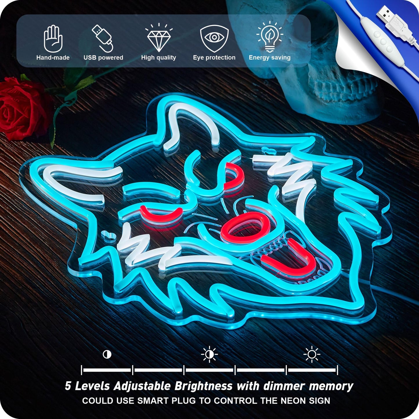 Wolf Neon Sign Wolf LED Light USB Powered Dimmeable Animal Wall Decor Christmas Birthday Gifts for Boys Men Bedroom Living Room Man Cave Home Decoration (Blue Wolf)