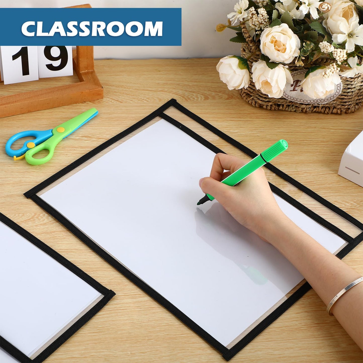 Ireer 30 Pcs Dry Erase Document Holder, Horizontal Job Ticket Holder 8.5x11, Dry Erase Pocket, Reusable Clear Plastic Paper Sleeve, Plastic Paper Holder for Office Business(Black)