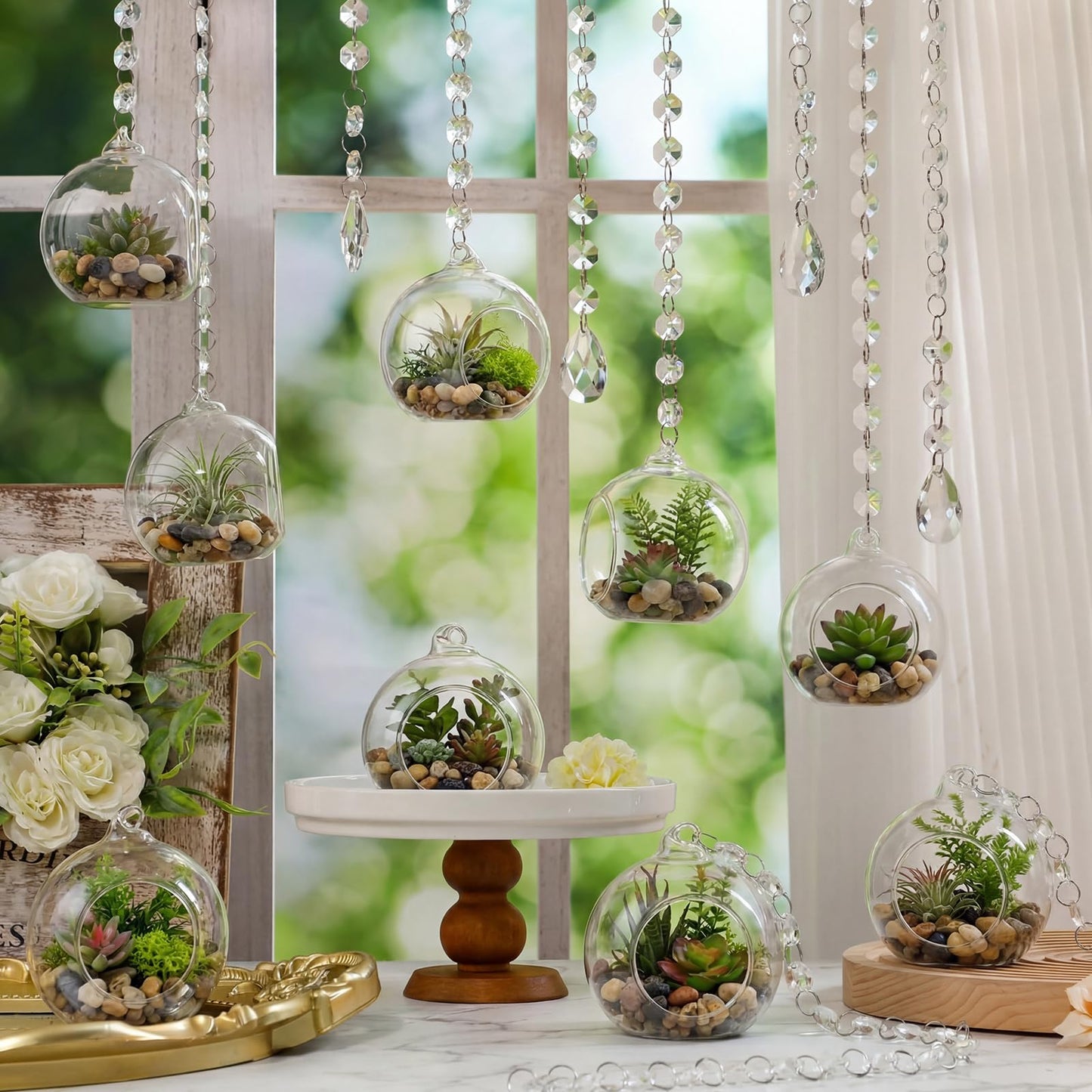 GlikCeil 56 Pcs 3.15'' Hanging Glass Tealight Holder Globe with K9 Crystal Garland Strands,Teardrop Pendant Hanging Tealight Candle Holder Orbs Air Plant for Wedding Centerpiece Party Decor (Clear)