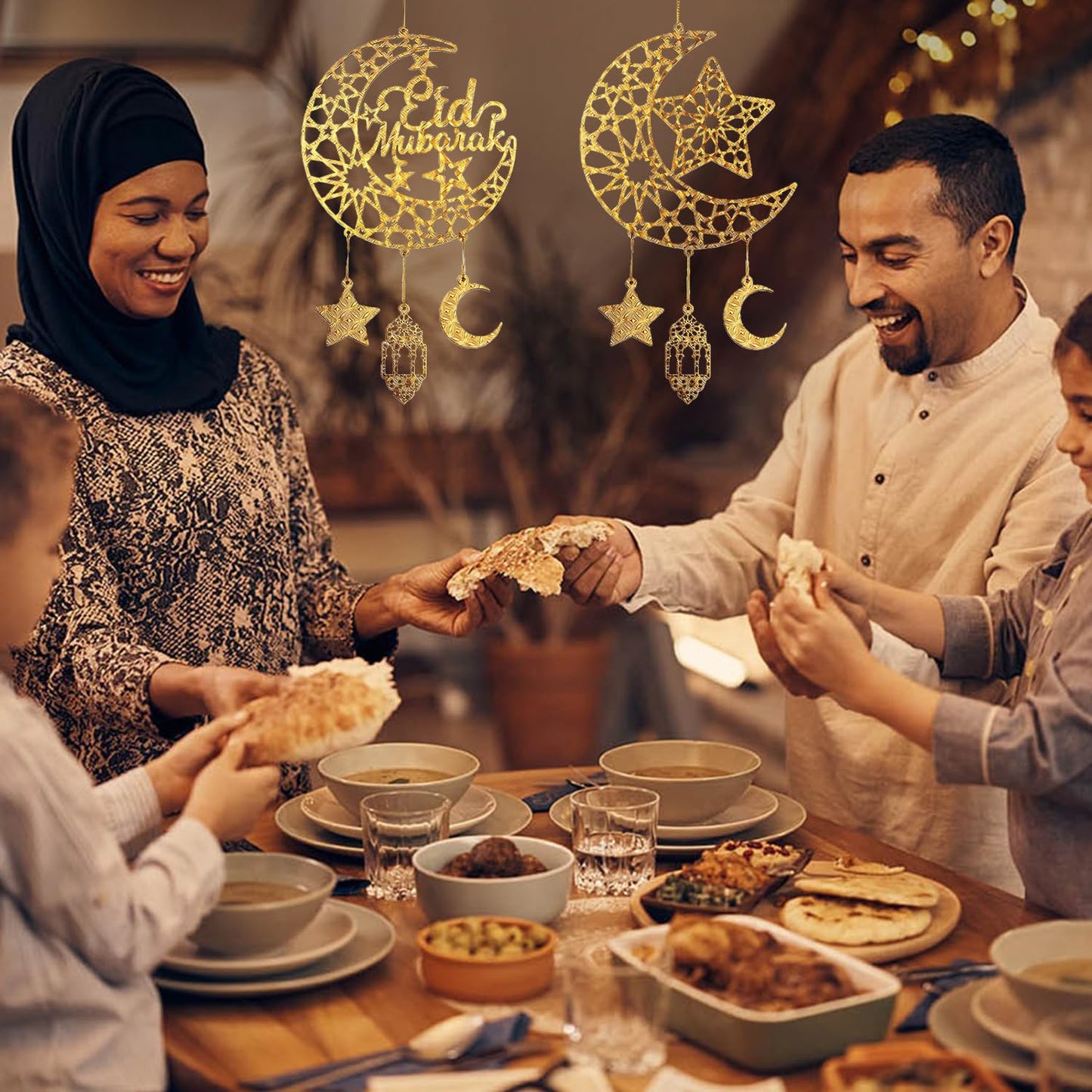 iLifemate Eid Decorations for Home, Eid Mubarak Moon & Star Wooden Hanging Ornaments – Gold Islamic Crescent Moon for Eid al-Fitr Sign, Muslim Home Decor, Eid Gifts, Ramadan Party Wall Door Wreath