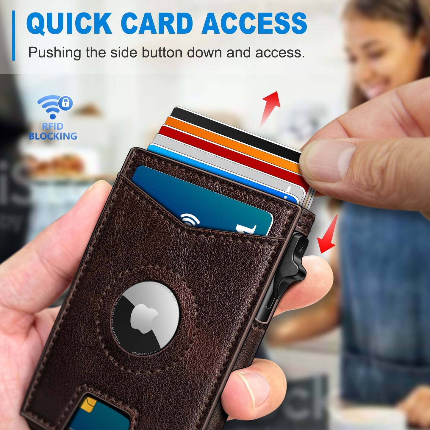miyozi Airtag Wallet for Men Money Clip 9-Card Pop-Up Credit Card Holder with ID Window RFID Blocking Metal Case Magnetic Closure Front Pocket Wallet Gift Box