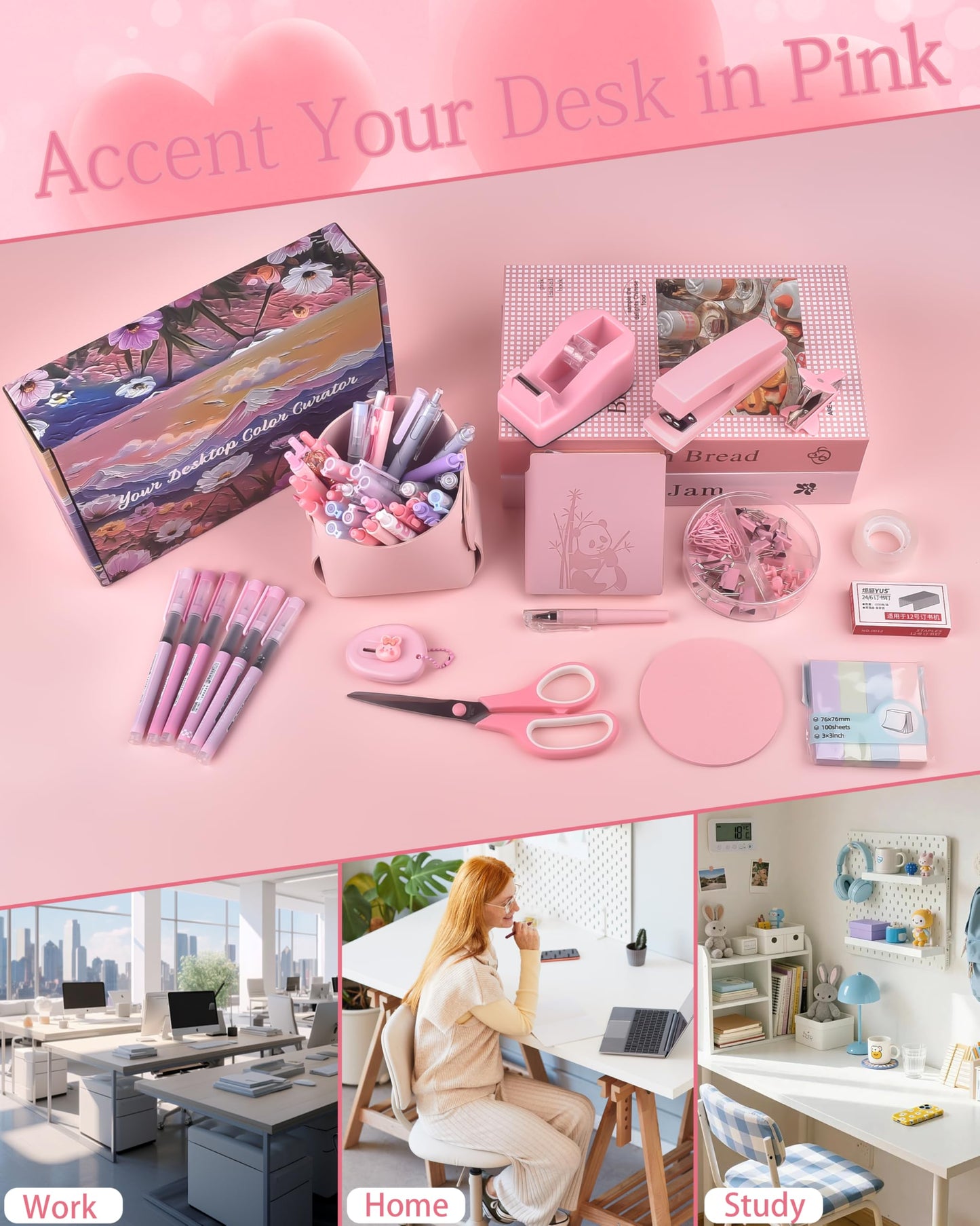 Pink Desk Accessories, Pencil case, Stapler, Pen and a Lot of Office Pink Office Supplies Beautifully Presented in a Gift Box