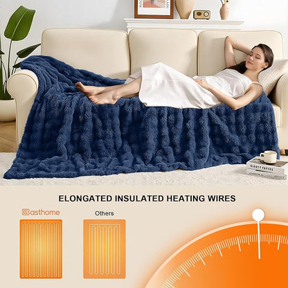 Heated Blanket Electric Throw Blanket 50''X 60''-Heating Blanket with 6 Heat Settings-4 Hours Auto Off,Cozy Faux Rabbit Fur Bubble Electric Blanket,Navy Blue