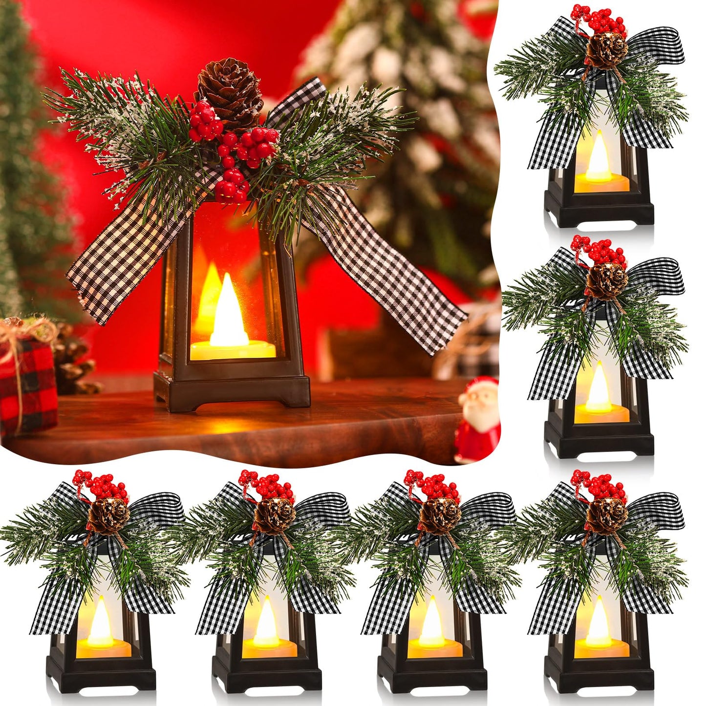Set of 6 Christmas Mini Decorative Lanterns with Flickering LED Flameless Candle Hanging Lantern Decoration Bulk with Buffalo Plaid Bow Battery Included for Xmas Party (Black and White Bow)