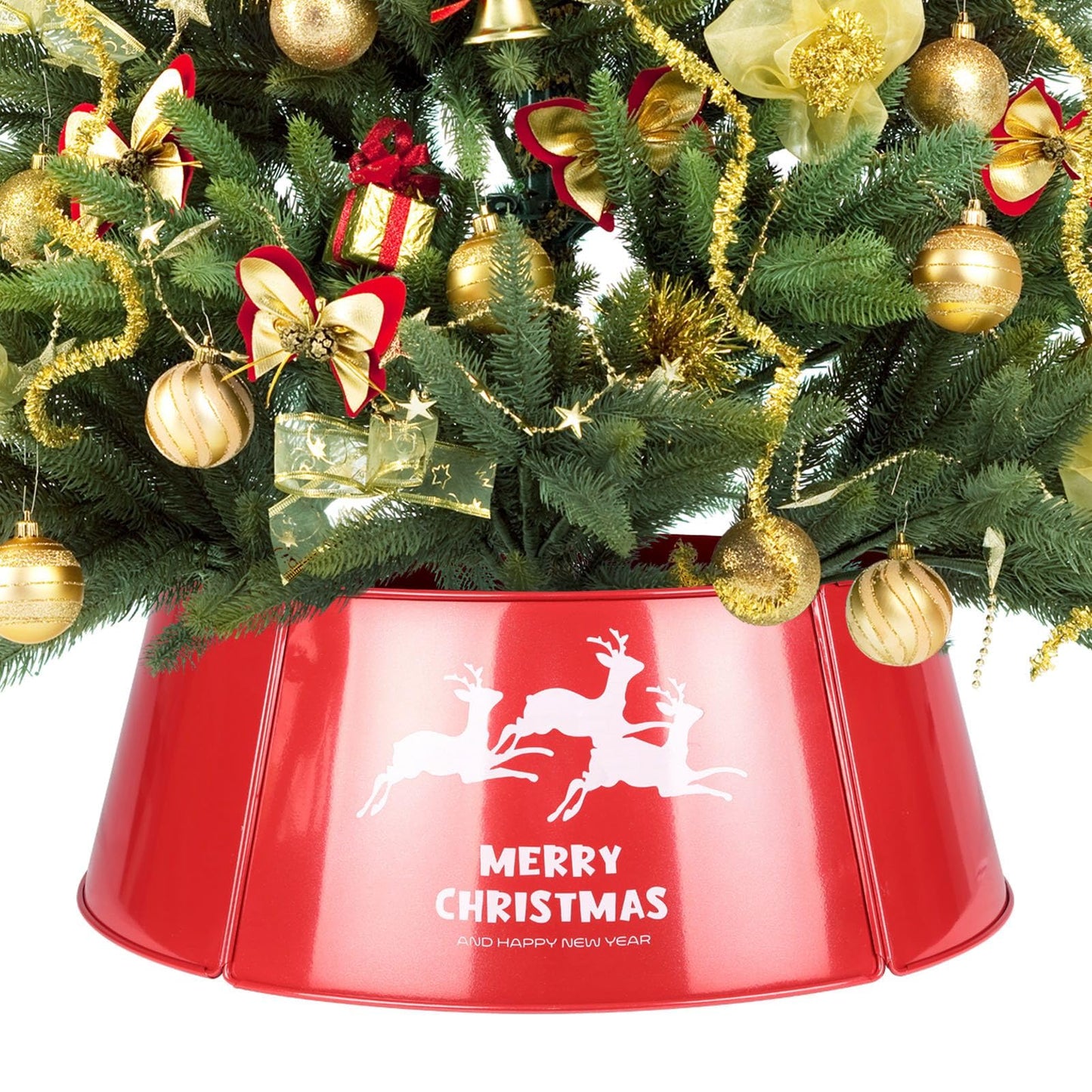 HarcoHome Metal Christmas Tree Collar, 5-Panel Circular Tree Skirt, Durable Red Tree Ring, Iron Construction Base Cover for Xmas Decoration (Top 20.9in, Bottom 28.7in, Height 9.8in)