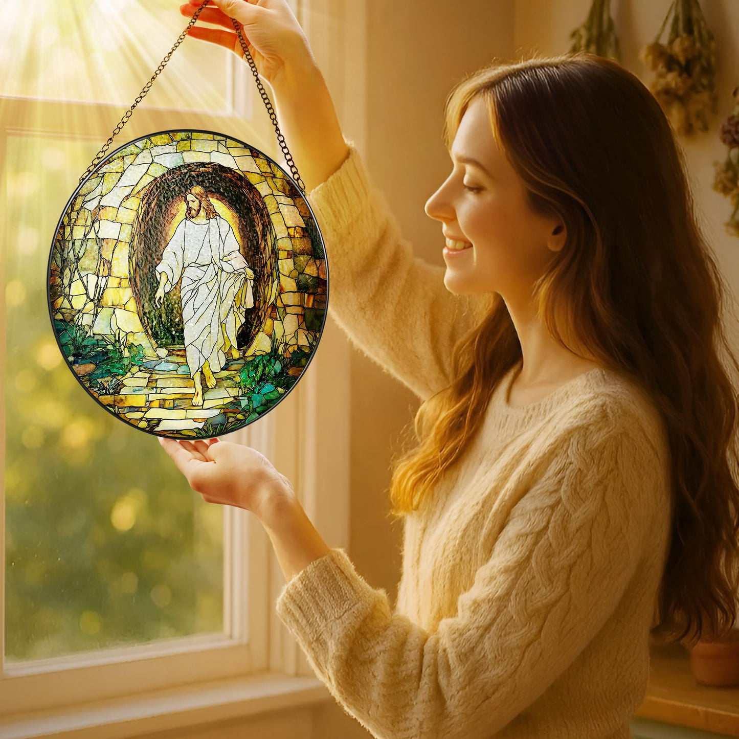 8 Inch He is Risen Resurrection of Jesus Sun Catchers, Stained Glass Window Hanging, Stained Glass Suncatchers for Windows, Christian Home Decor and Christmas, Christian Gift, Religious Gift
