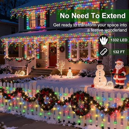1332 LED Christmas Lights with 296 Drops,132ft 12 Modes Hanging ice String Lights with Timer & Dimmable & Waterproof, Plug-in Fairy Lights for Tree Holiday Wedding Party Christmas Decor Multicolor