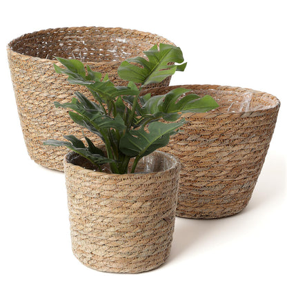 simarro 3 Pack Seagrass Planter Basket, 3 Sizes Stylish Plant Containers Flower Pots with Plastic Lining Woven Baskets for Plants Indoor and Outdoor