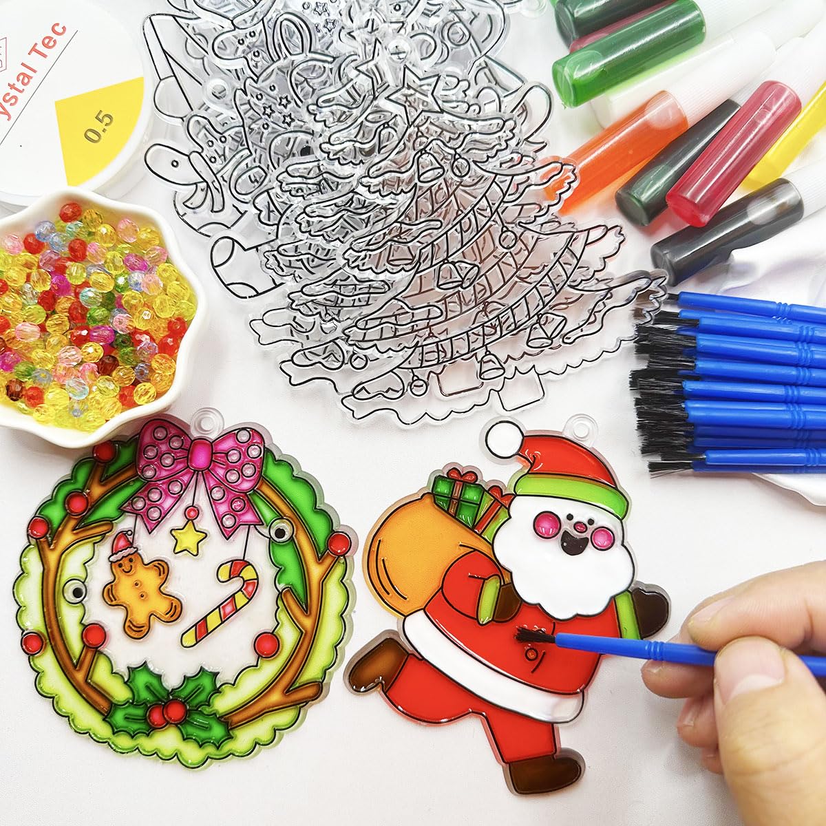 AUEKIV Christmas Suncatcher Kit 30 Sets Christmas Sun Catcher Window Paint Art DIY Craft Kits Santa Snowman Snowflake Reindeer Suncatchers Decoration for Classroom Holiday Home Party Activity Project