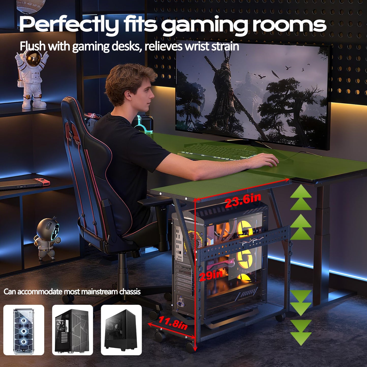Tyfnry 24In Large PC Stand, 5 Levels Height Adjustable Computer Tower Stand with Wheels and Hooks, CPU Holder Cart for Floor, Carpet and Under Desk, Easy Assembly（NOT Including Power Strips）