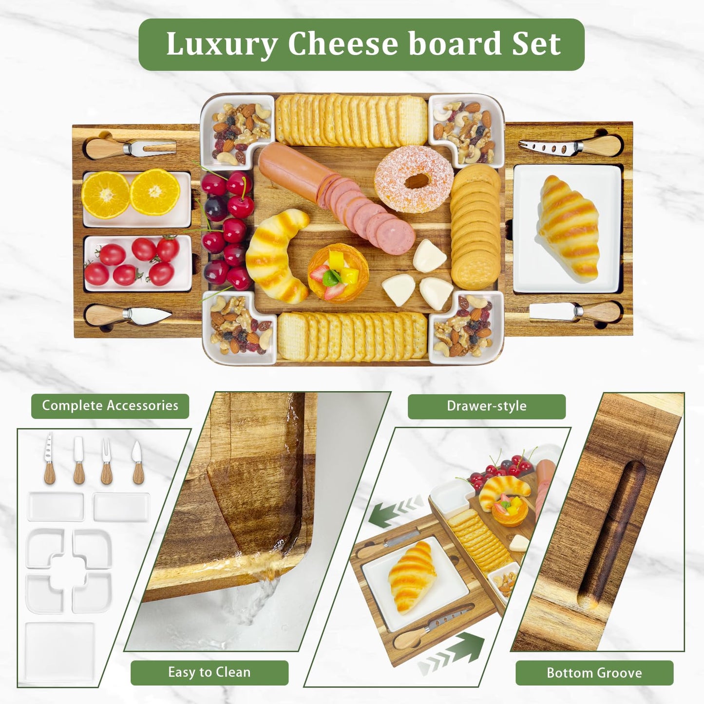 Graceware Charcuterie Board Set(16.5"×15"×2.8") - Premium Wooden Cheese Board with Four Ceramic Bowls and Charcuterie Boards Accessories for Bridal Shower Gifts, Wedding Gifts & Housewarming